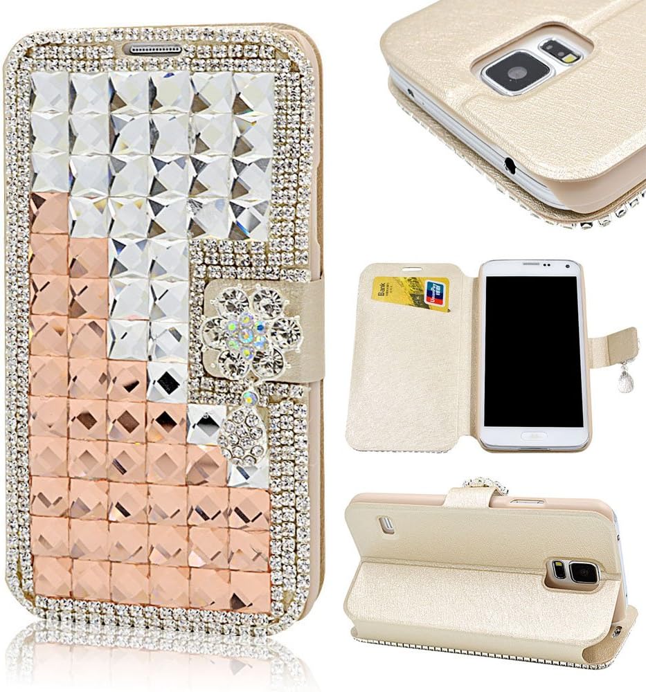 Fraelc White Bling Silver Strass Wallet Magnetic Closure PU Leather Case Flip Cover for Samsung Galaxy S5 SV i9600 Bling 3D Transparent Champagne Cube Diamond Glitter Crystal Rhinestone Holster Protective Handbag Skin Stand Shell Folio Case with Card Slots Phone Short Lanyard