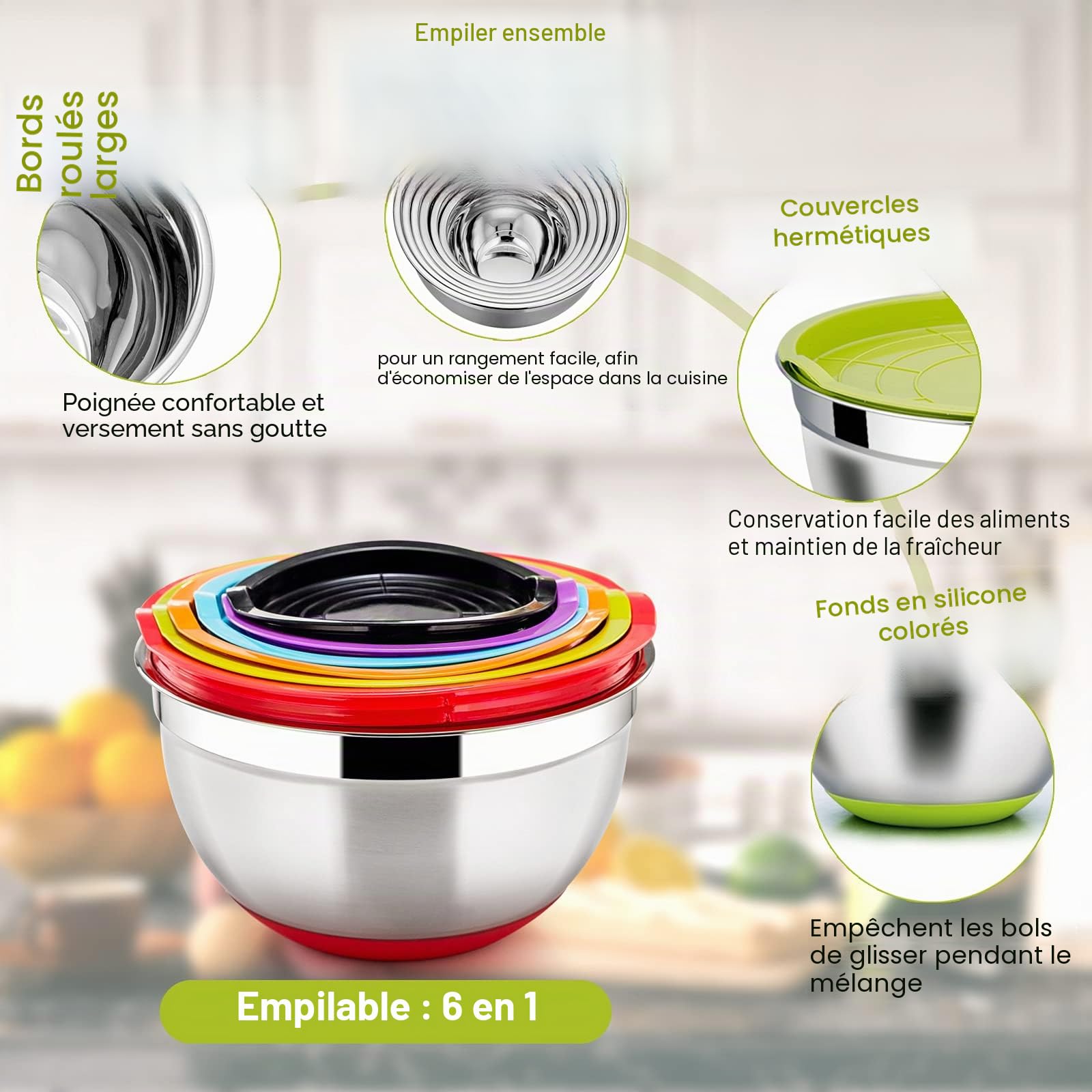 Homikit Ensemble de bols à mélanger, Ensemble de 6 bols à salade en acier inoxydable avec couvercle hermétique & fond en silicone, Empilable, Lavable au lave-vaisselle, 4.6L/2.8L/2.5L/1.6 L/1.2L/0.7L
