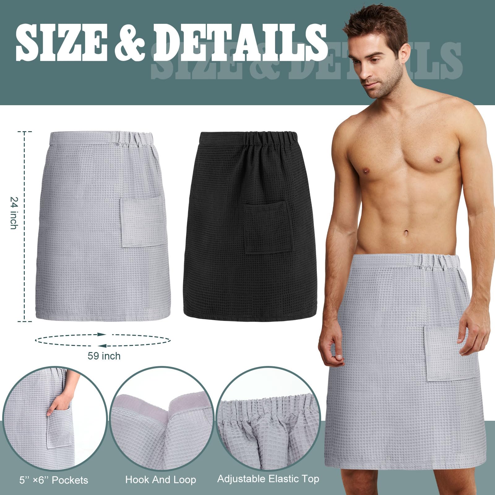 Newwiee 2 toallas de baño de microfibra para hombre, de rápida absorción, ajustable, para hombre, sauna, spa, 59 x 24 pulgadas (negro, gris)