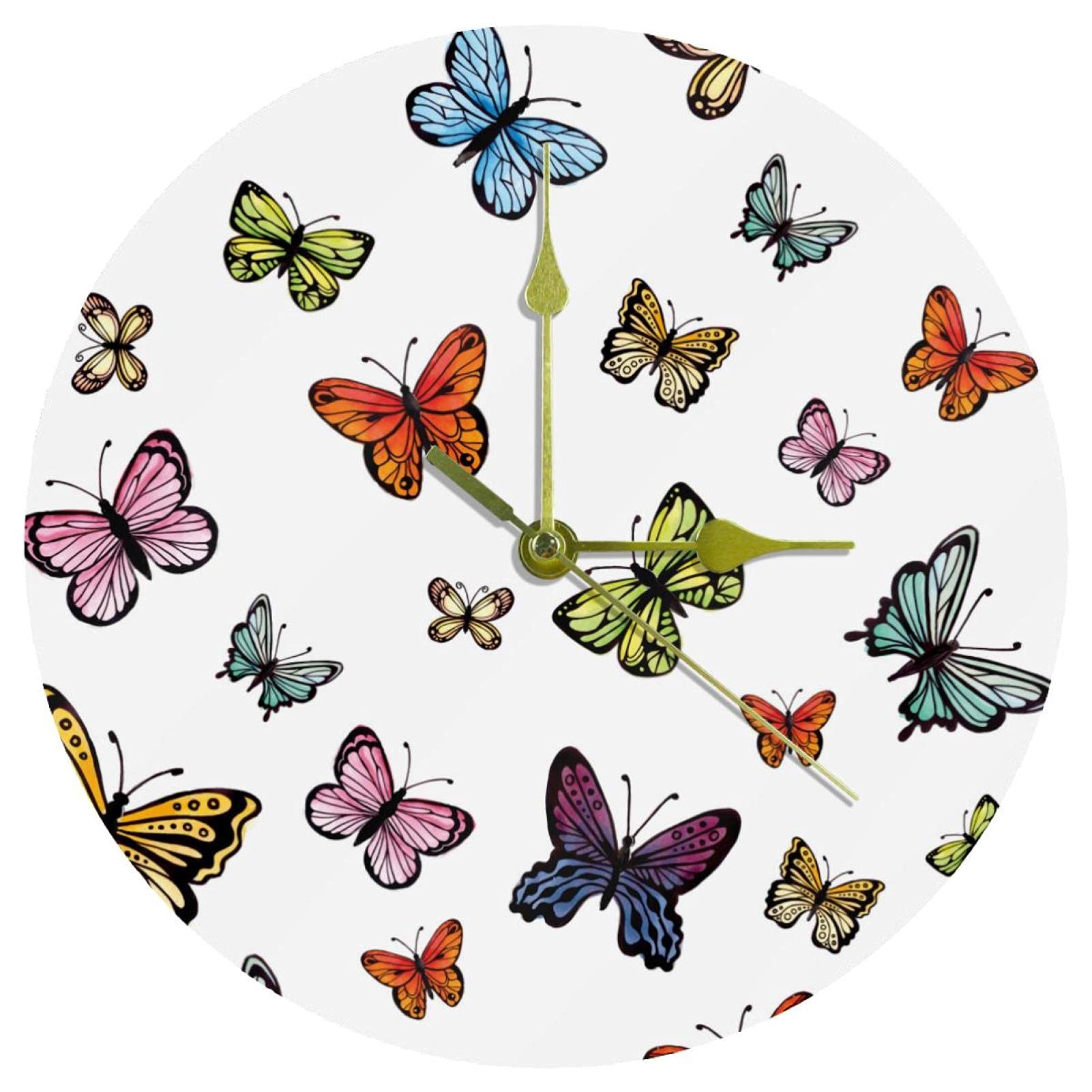 Horloge murale acrylique papillons colorés ronde et silencieuse pour salon