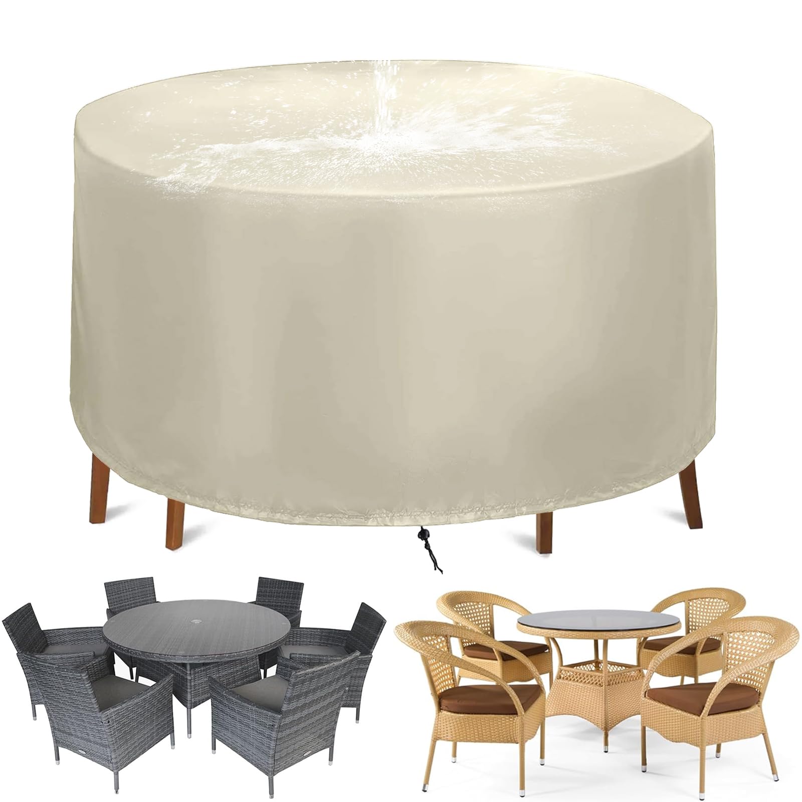 Housse de table ronde Oxford 420D haute résistance beige anti-UV pour mobilier de terrasse