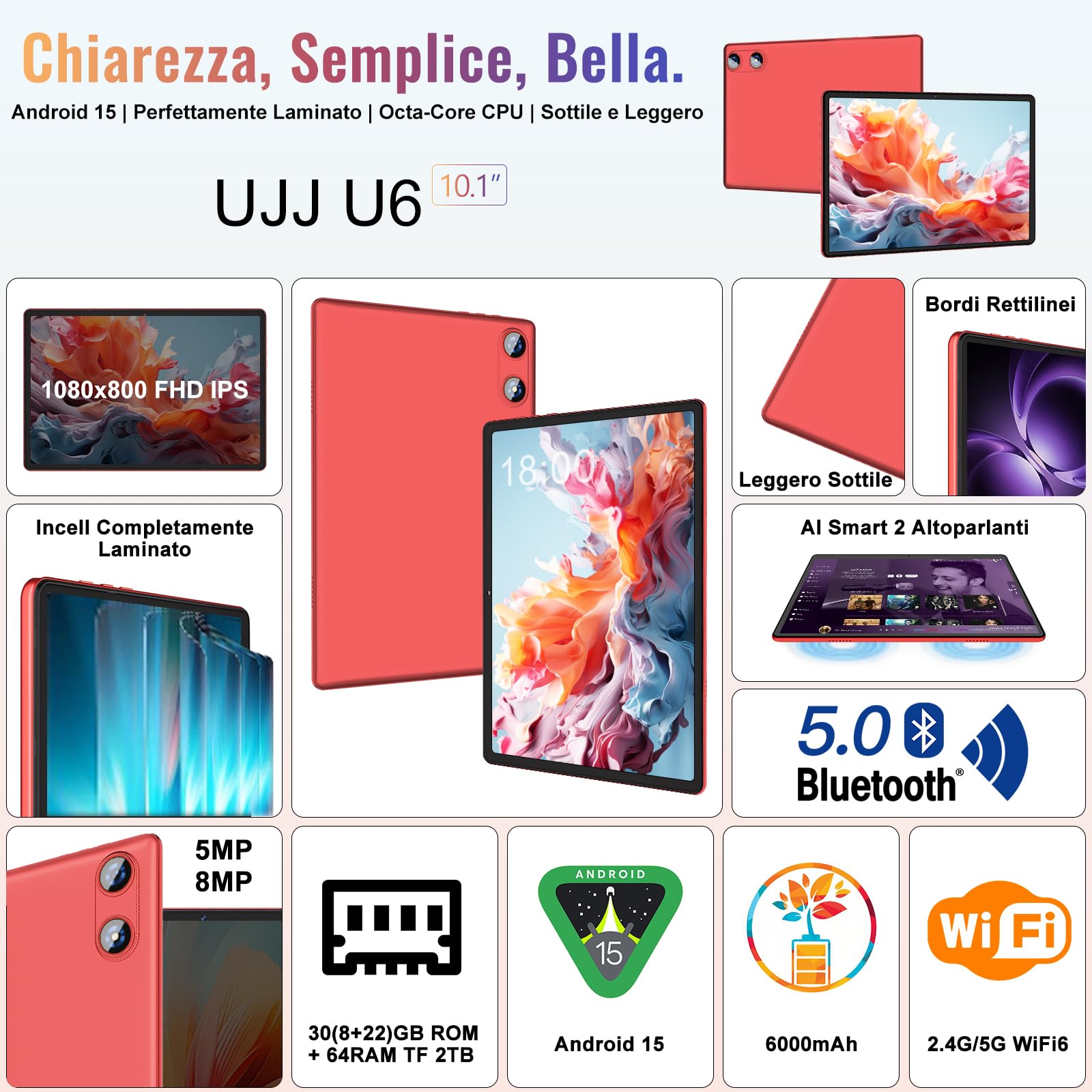 Tablet 10 Pollici Android 15 con 64GB ROM +2TB TF, 5G WiFi 6, Octa-Core, GMS, Bluetooth 5.0, 5MP+8MP, 1280*800 FHD IPS, GMS Certificazione, Widevine L1, Newest Tablet 2 in 1 con Tastiera e Mouse - Red