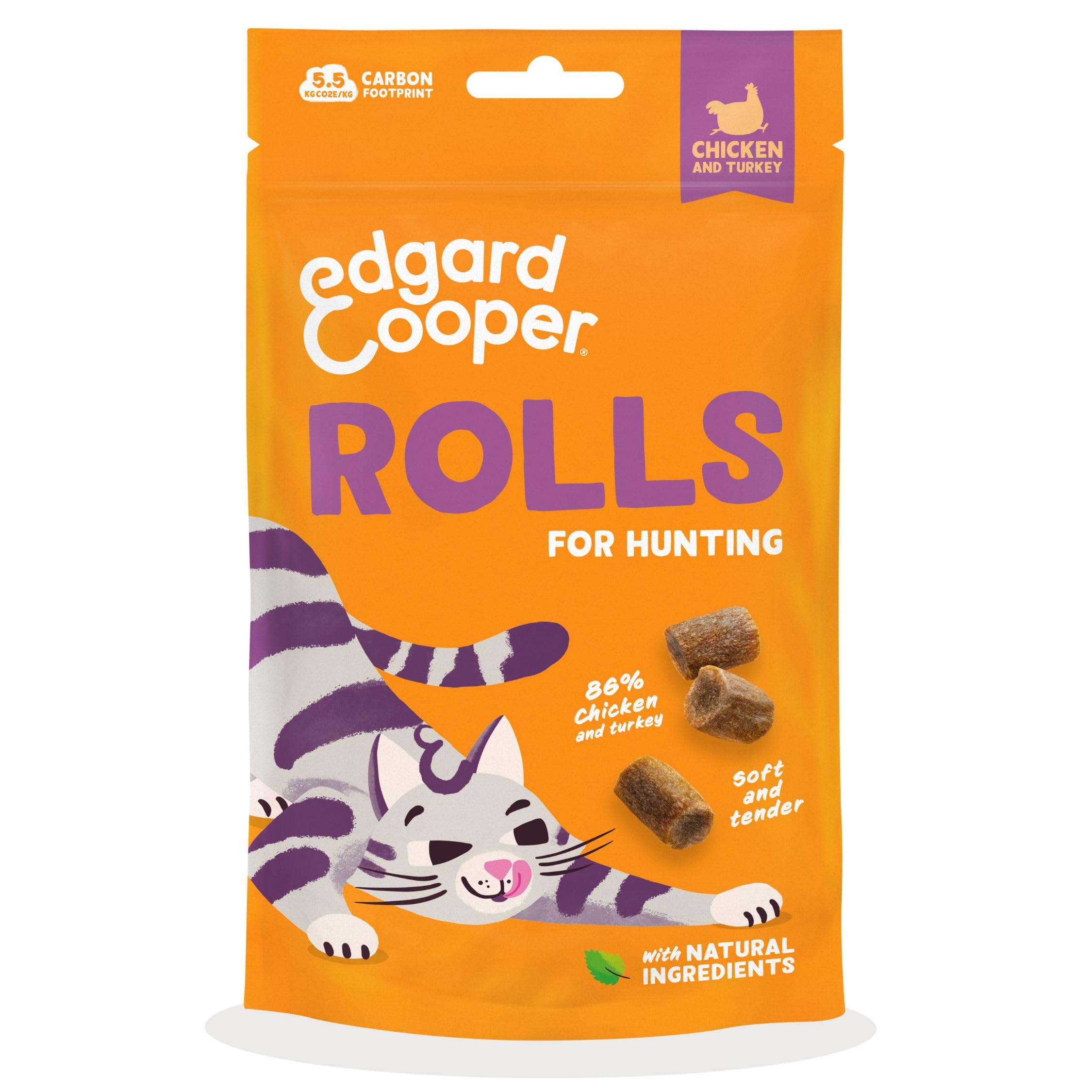 Edgard Cooper natural cat treats, chicken turkey rolls 1 x 45g bag, grain free and packed with fresh meat, high protien, perfect for hunting, natural ingredients no added sugar