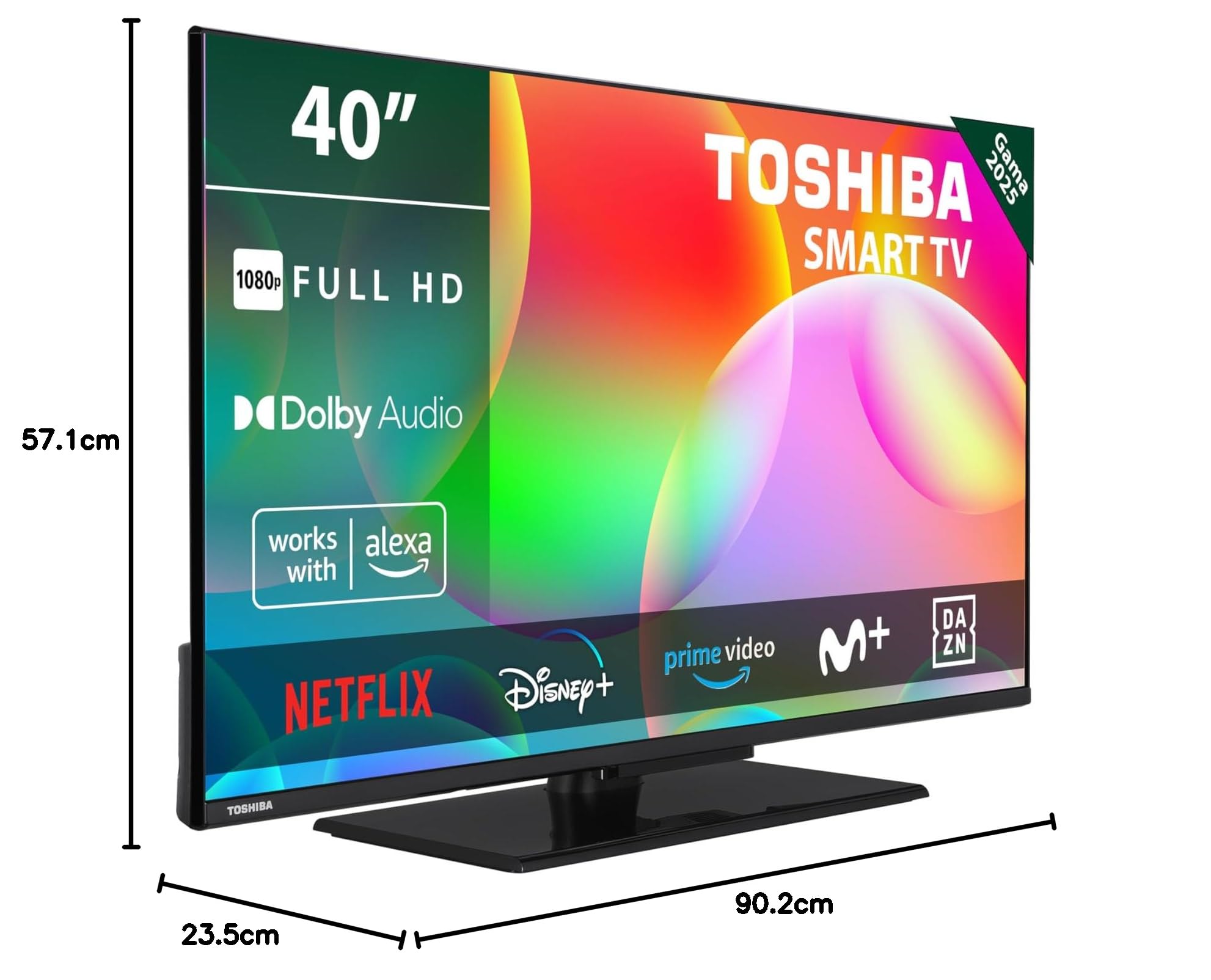 Toshiba 40LV3563DG Smart TV de 40", con Resolución Full HD (1920 x 1080), HDR, Peana Central, Compatible con Alexa, WiFi