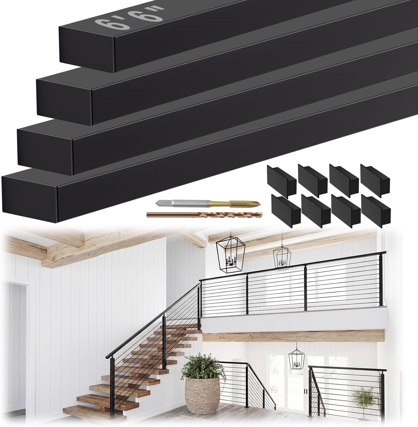 6'6" Stainless Steel T304 Handrail Black with Metal End Caps, 4 Pack Rectangular Cable Railing Handrail Flat Deck Top Rail for Indoor Outdoor Deck Stair Cable Railing System