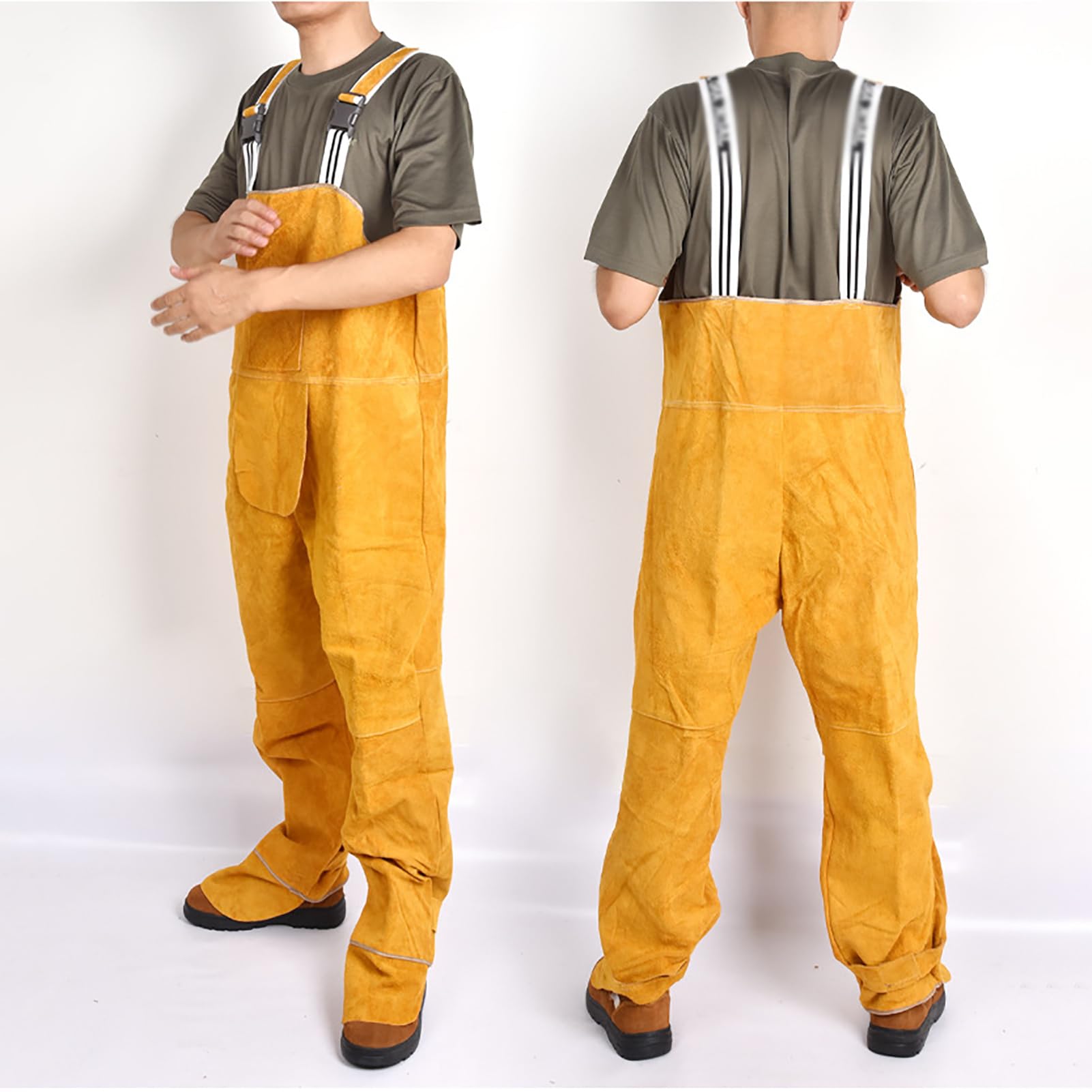 Delantal de Soldador de Cuero con Pierna Dividida, Resistente al Fuego, para Hombre, con Polainas de Cuero, de Piel de Vaca,Amarillo,XL
