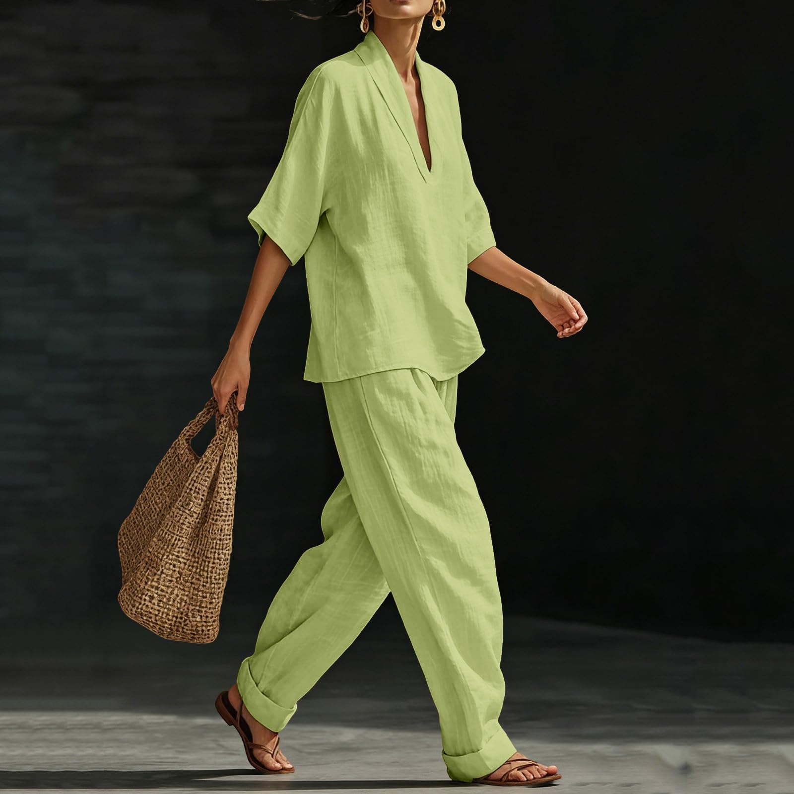 Conjunto Mujer Dos Piezas Verano Casual Elegante Lino Y Algodón Chandal Completo Camisa Y Pantalon Holgado Conjunto Deportivo Cintura Alta Ropa Deportiva Talla Grande Diarios Casa Playa Vacaciones
