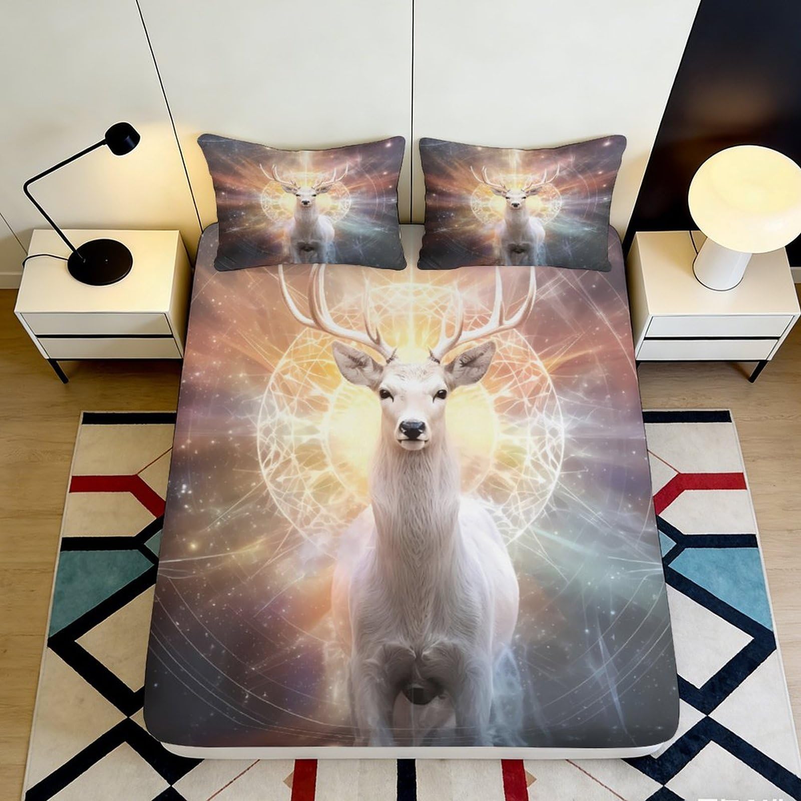3D Printed Mystic Deer Fitted Sheet Microfiber Soft Breathable Forest Light Mattress Cover for Bedroom Dorm Decor 90x200x25cm