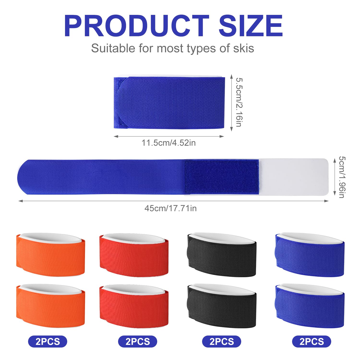 8pcs Attache Ski, Sangles de Ski Réglables Bande Ski Fixation de Ski avec Coussinet de Protection pour Accessoires de Sports d'hiver(Rouge, Orange, Bleu, Noir)