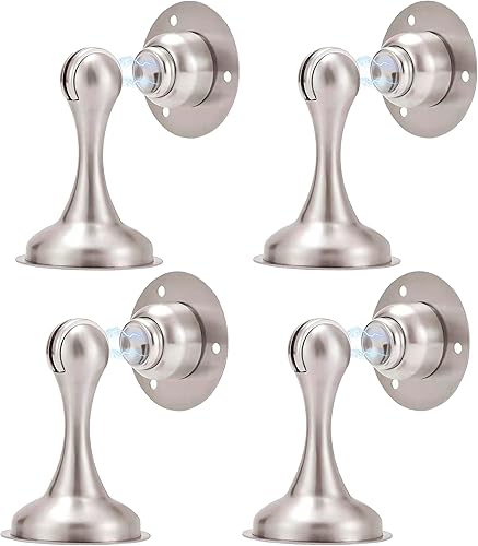 Tope magnético para puerta, paquete de 4 unidades de níquel cepillado, no necesita perforación, adhesivo 3M o montaje con tornillo, soporte