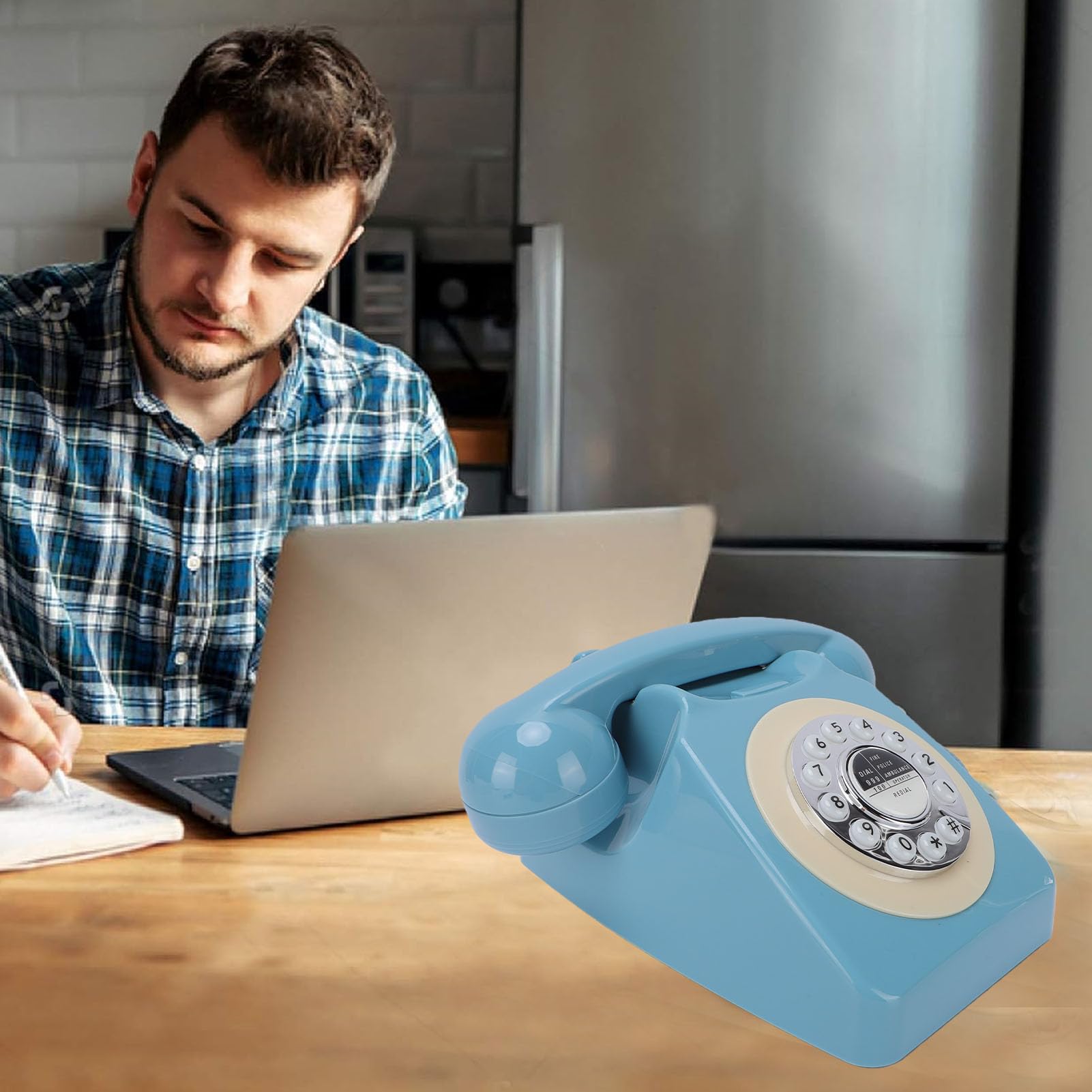 Topiky Telefon Stacjonarny w Stylu Retro, Telefon Przewodowy w Stylu Retro, Widoczny Wskaźnik Dzwonienia, Staroświecki, Przewodowy Stacjonarny z Przyciskami Ponownego Wybierania (BLUE)