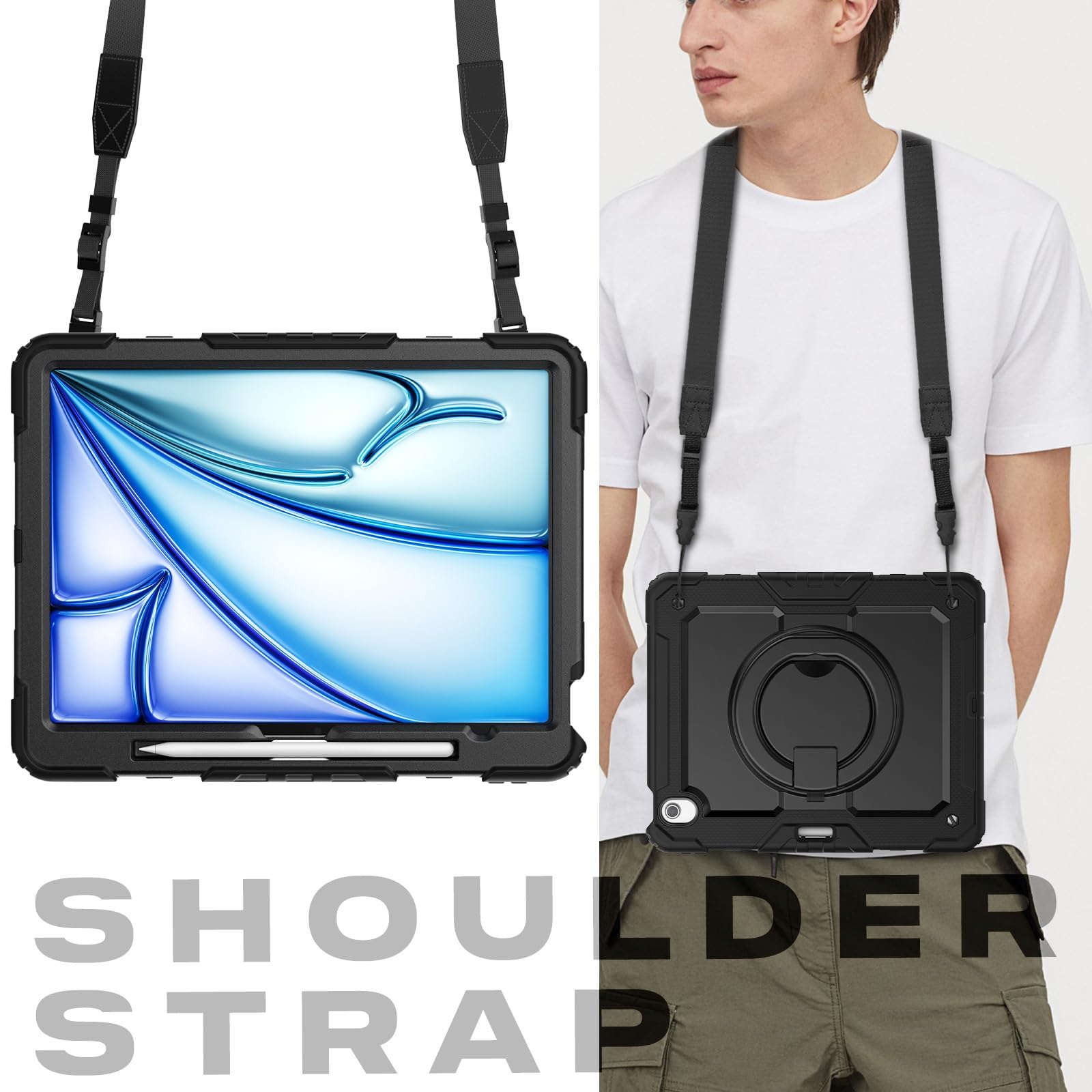 Kompatybilny z etui iPad Air 13 cali M2 2024 uchwytem na ołówek i ochraniaczem ekranu, wytrzymała, pełna obudowa ochronna, obrotowy uchwyt, silikonowe(Noir)