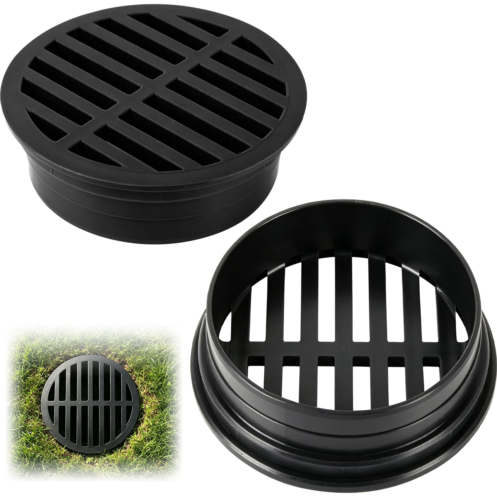 View 1 of (2 Pack) Calvana 4” Plastic Round Drainage Grate Cover, Fits 4” Pipes, Prevents Debris, Ideal for Lawns, Patios, and Walkways, Durable UV-Resistant Plastic, Easy Installation, Black