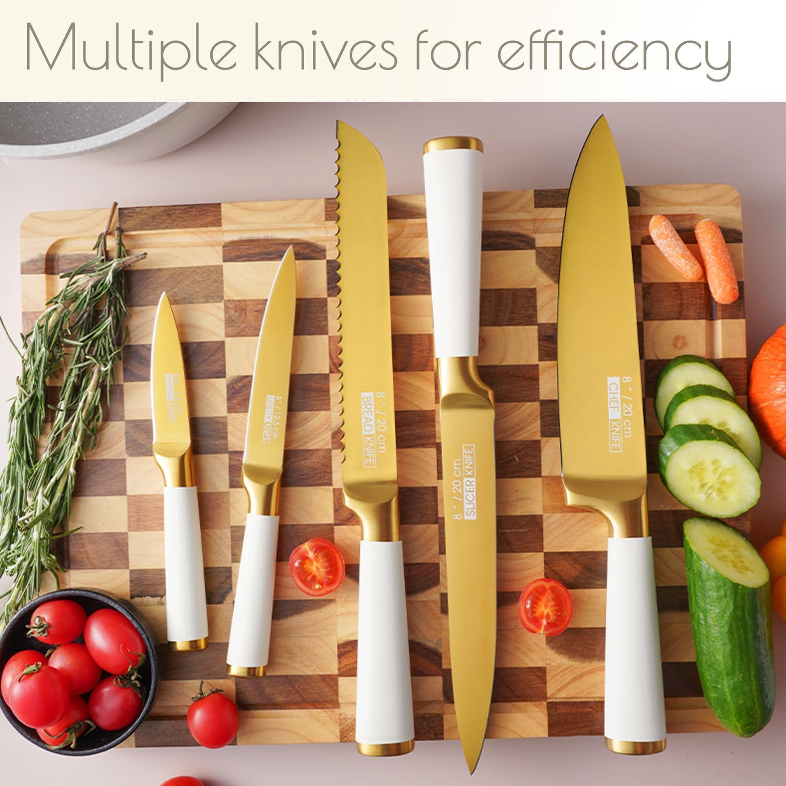 Justup Ensemble de couteaux, ensemble de 6 couteaux revêtus de titane avec bloc en bois rose, ensembles de couteaux de chef en acier inoxydable tranchants pour la cuisine, aiguiseur intégré (Blanc)