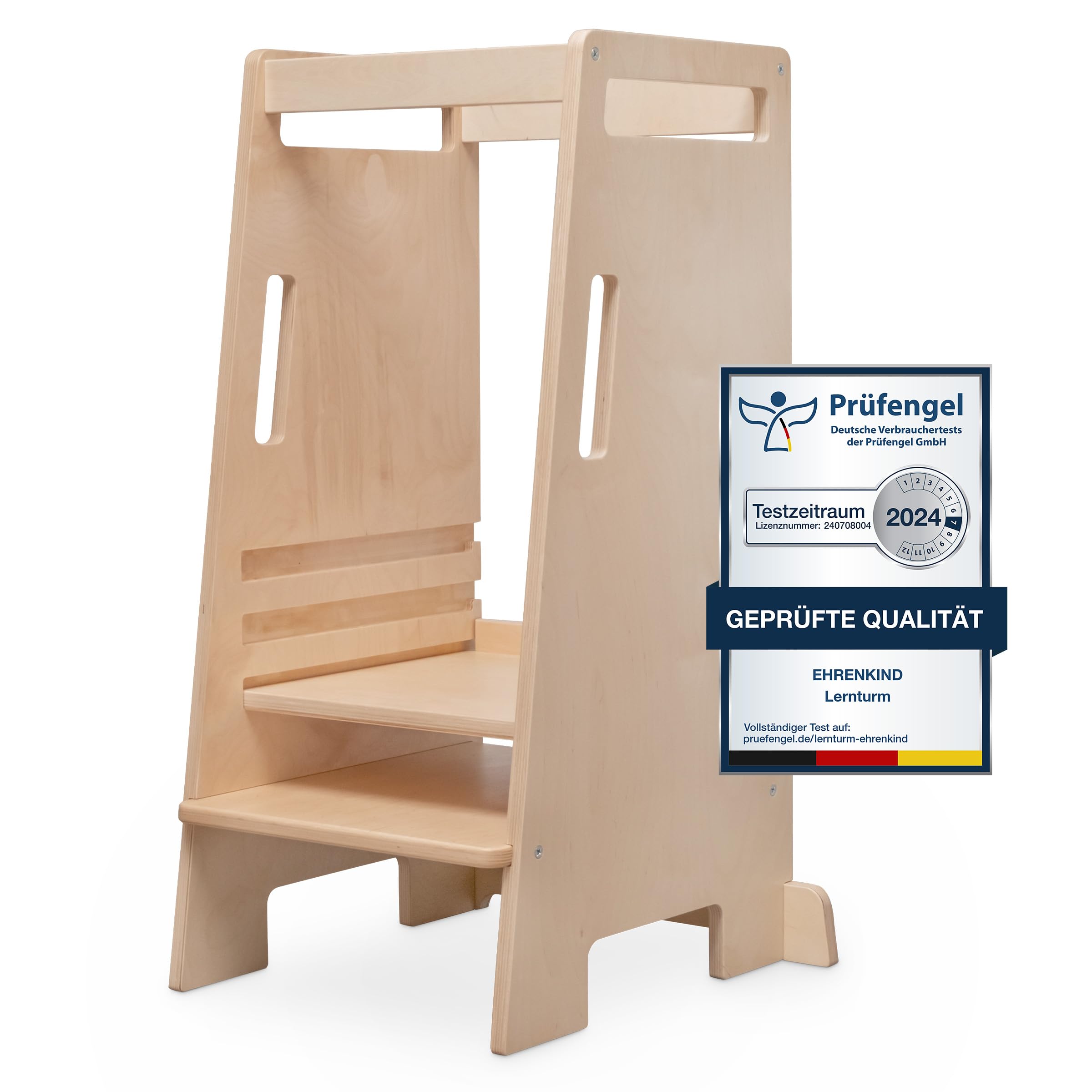 Ehrenkind® Lernturm ab 1 Jahr Montessori höhenverstellbar | bis zu 60 KG belastbar | Natur-Holz Lernstuhl Nachhaltig | Learning Tower Kinderhocker Kinderturm Transparent lackiert