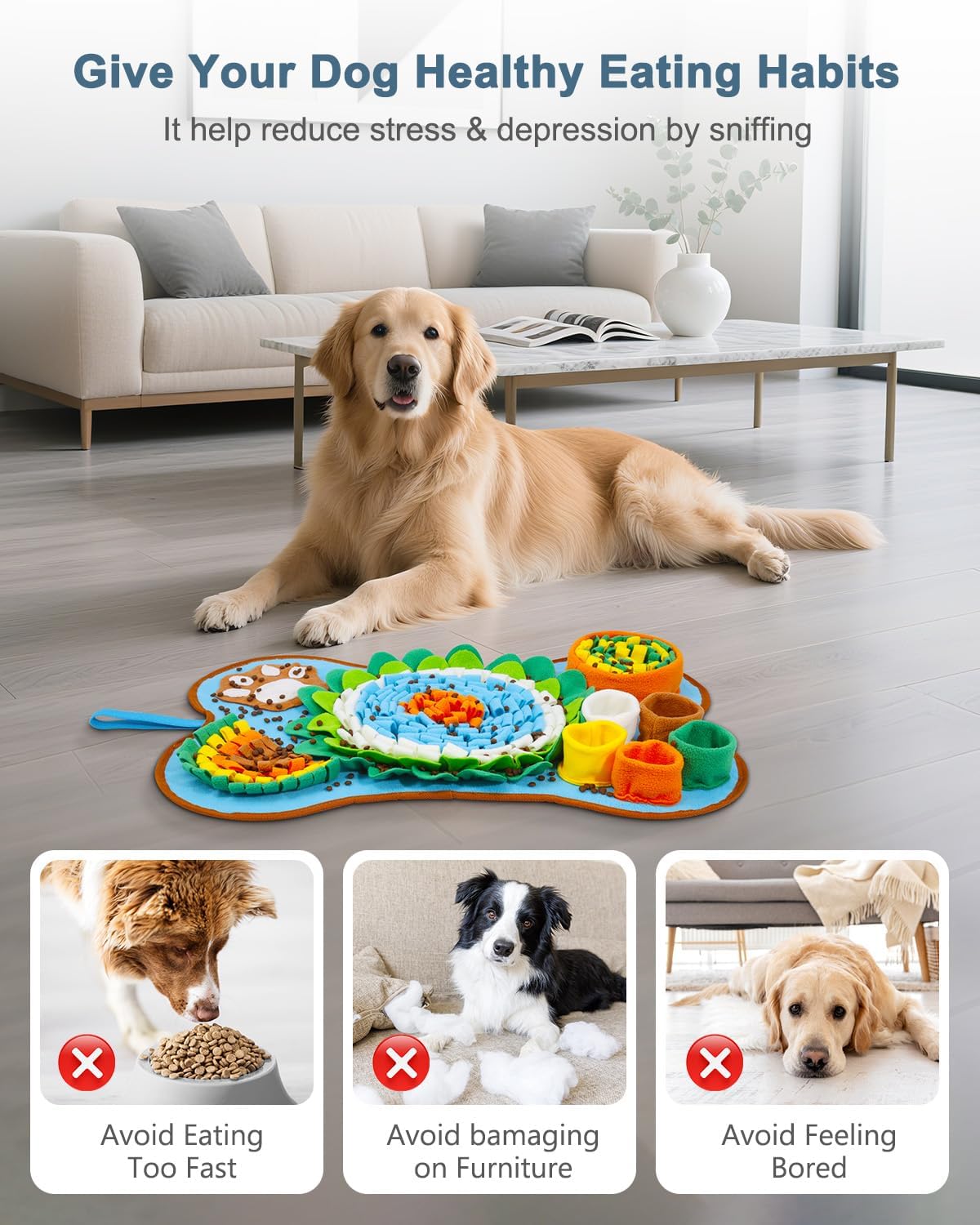 Snuffle Mat for Dogs 25x17in Slow Feeder Squeaker Washable | Snuffle mat for puppies, cats, rabbits. Mental stimulation toy, built-in squeaker, machine washable, blue