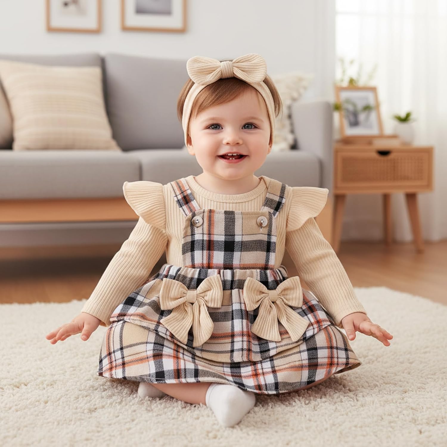 Baby Girl Clothes Fall Winter Outfit Long Sleeve Ruffle Romper Plaid Skirt Bow Headband 3 Pcs Set 0-18 Months - Image 2