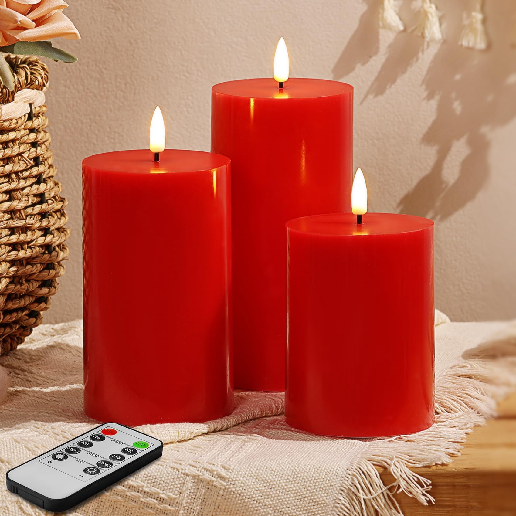 Eywamage Red Flameless LED Pillar Candles with Remote, Flickering Wax Battery Operated Christmas Candles Set of 3