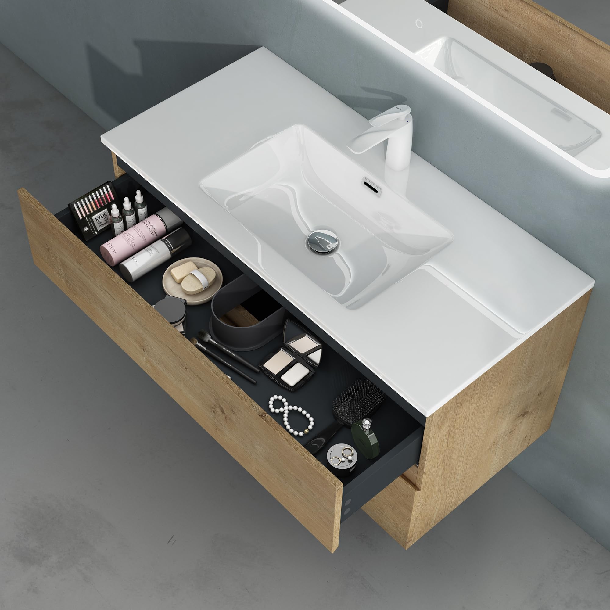 doporro Badmöbel-Set Waschbecken-Unterschrank Badezimmer Waschtisch mit Unterschrank BTH: 80x48x50 cm in Kerneiche inkl. Mineralguss-Waschbecken Aqualis