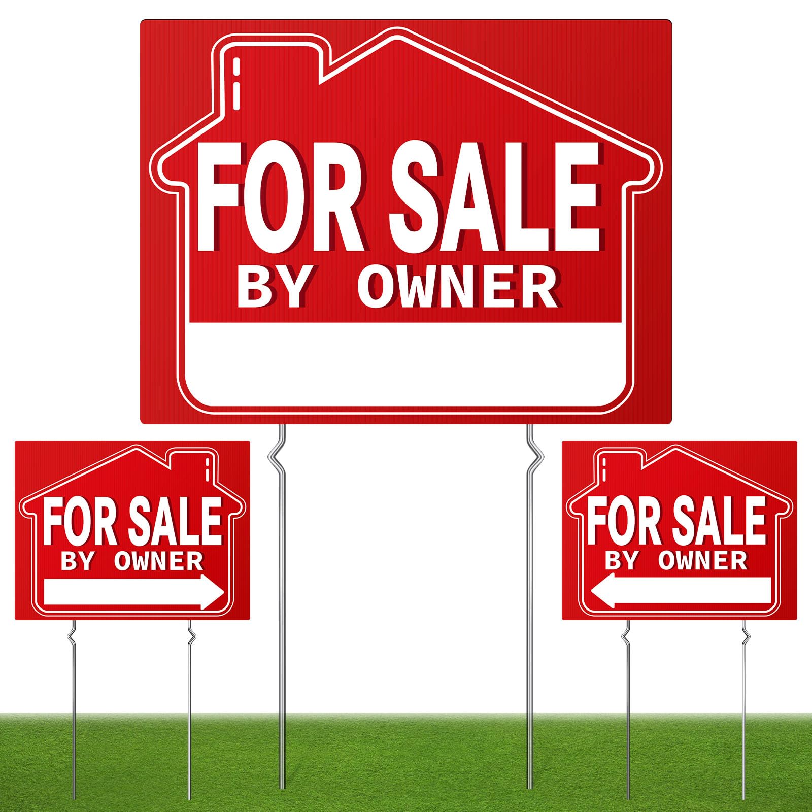 For Sale By Owner Yard Sign (3 Pack), 18" X 14" Double-Sided Yard Signs with Metal H Stakes，For Sale By Owner Signs for Real Estate, Perfect for Home Owners Real Estate Directional Arrows Signs, House