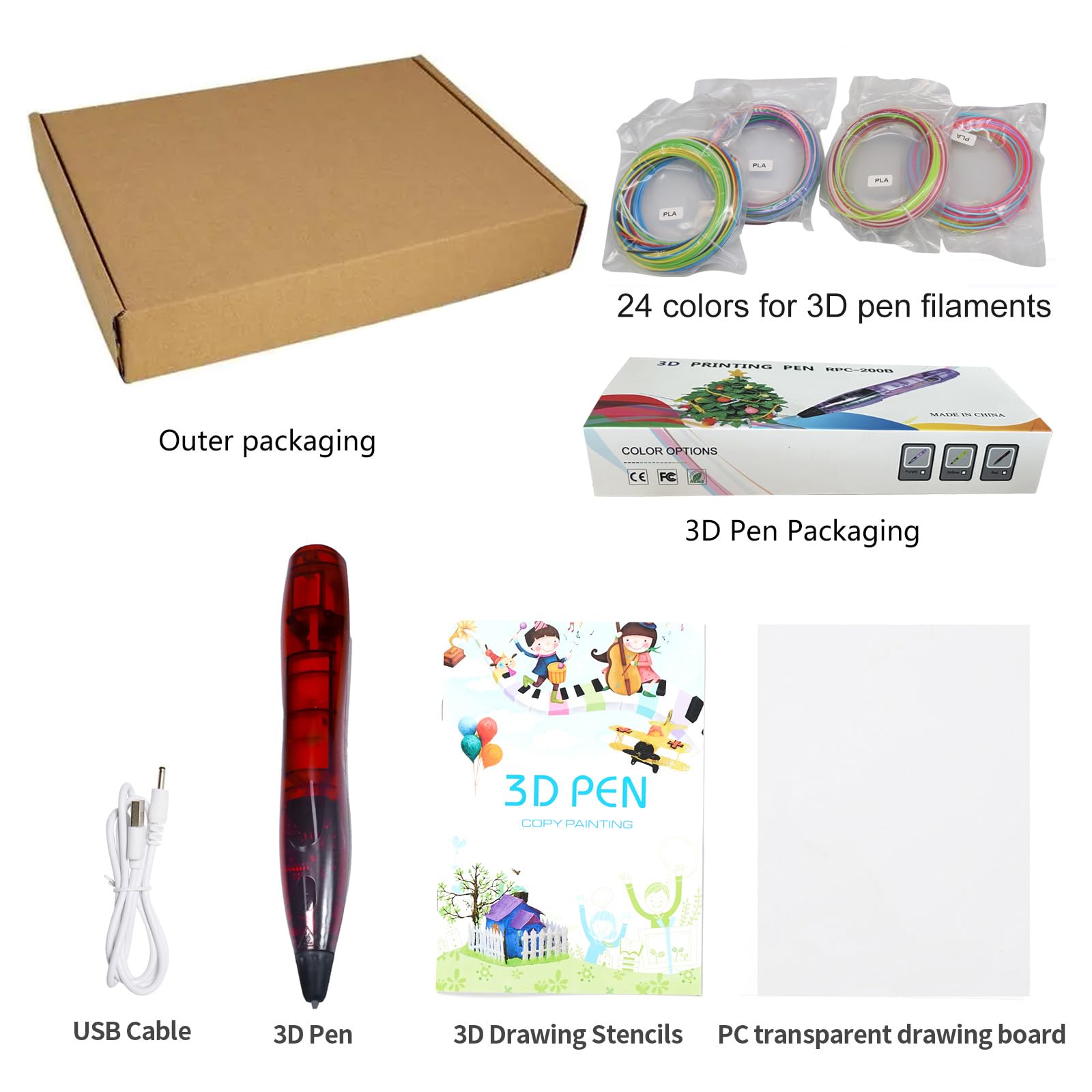 3D Stift für Kinder Set mit 24 Farben PLA-Kunststoff Filament,PLA-kompatibler 3D-Druckstift (Red)