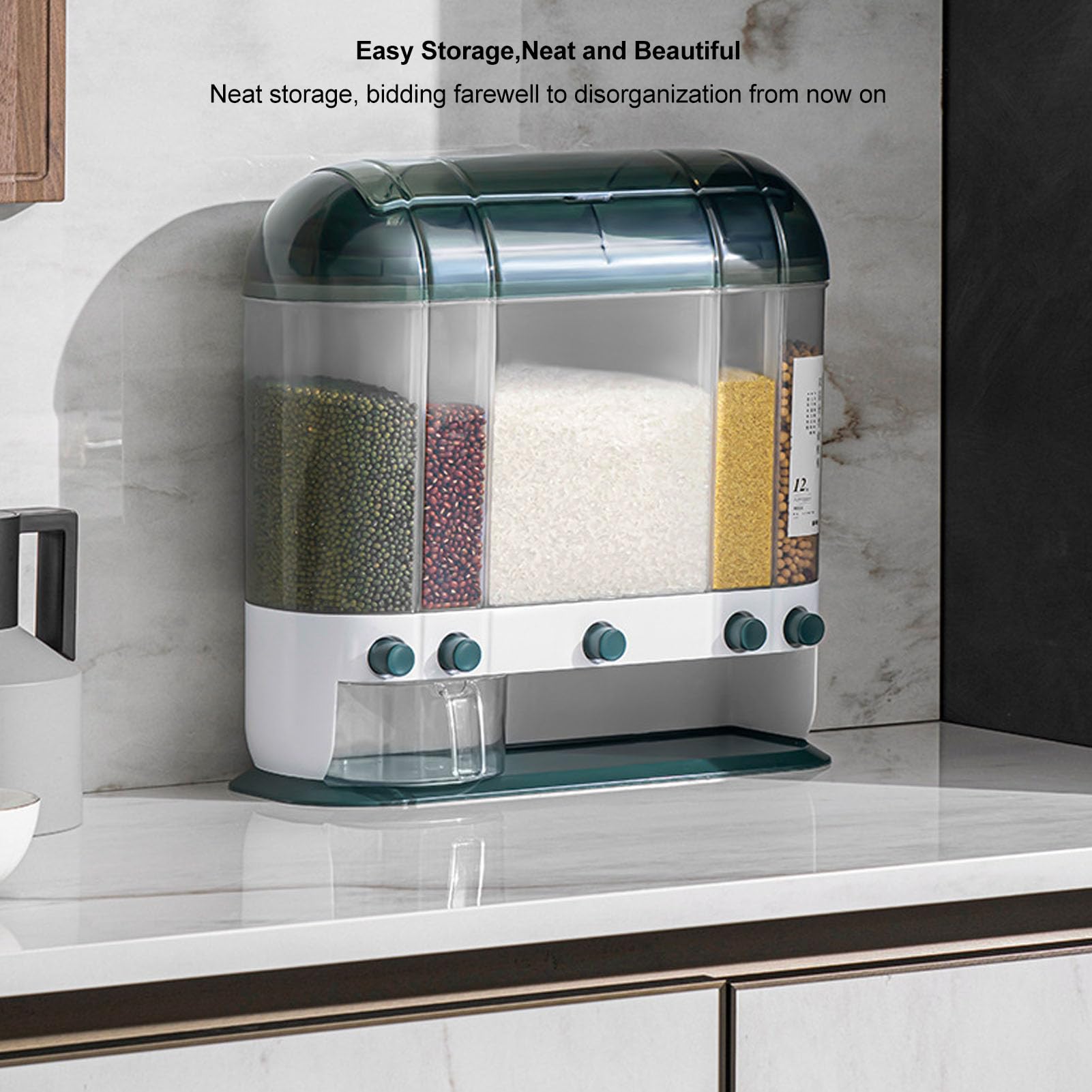 Dispenser di Riso, Contenitore per Cereali Ermetico da 16,5 Kg per Riso con Misurino, Dispenser per Cereali Dal Design Trasparente Contenitori per Alimenti Secchi per Dispensa da
