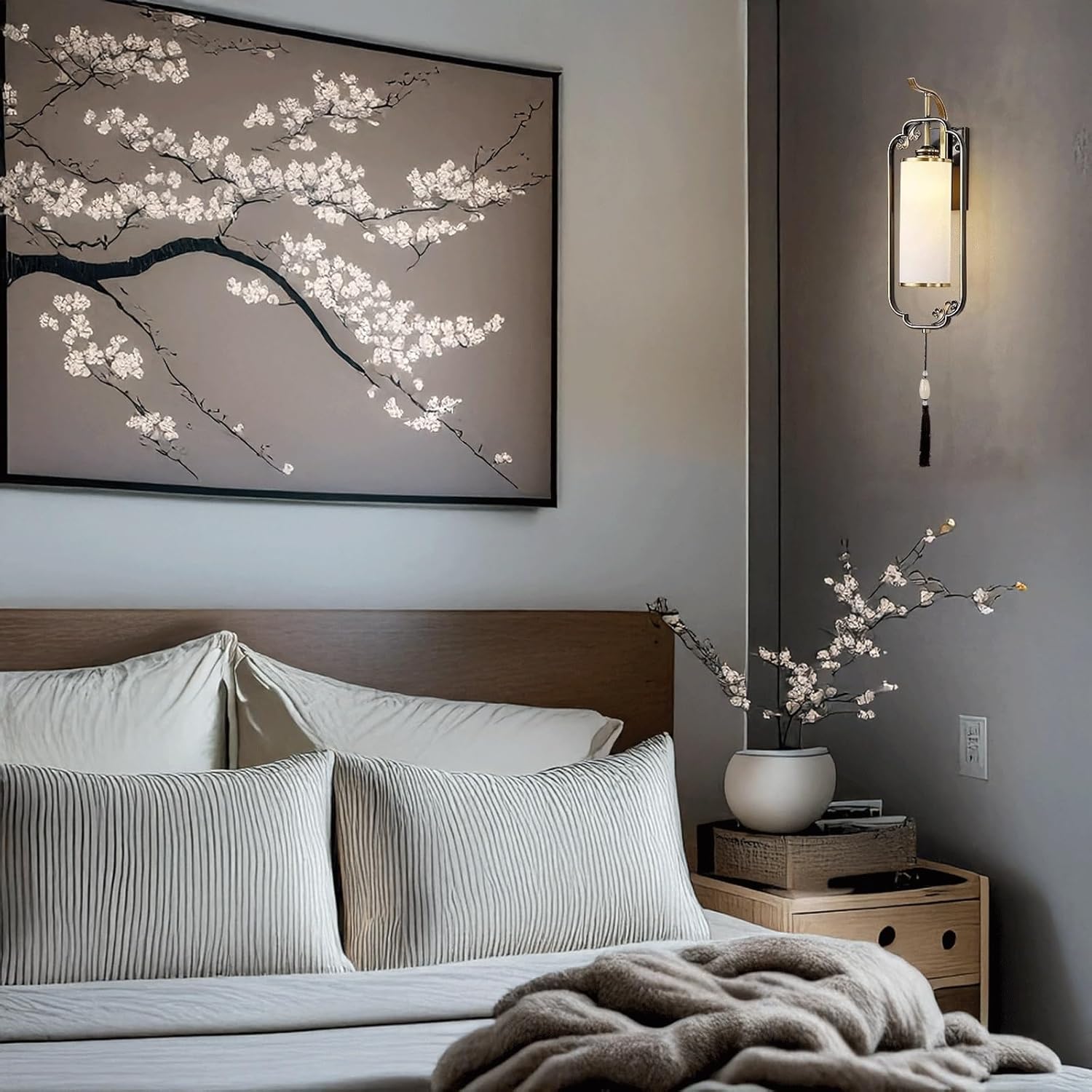 Minimalist Style Wall Sconce All Copper Lantern with Frosted Glass Shade Modern Design Black Frame and Decorative Tassel for Living Room Bedroom Bedside Teahouse Study Hallway Restaurant