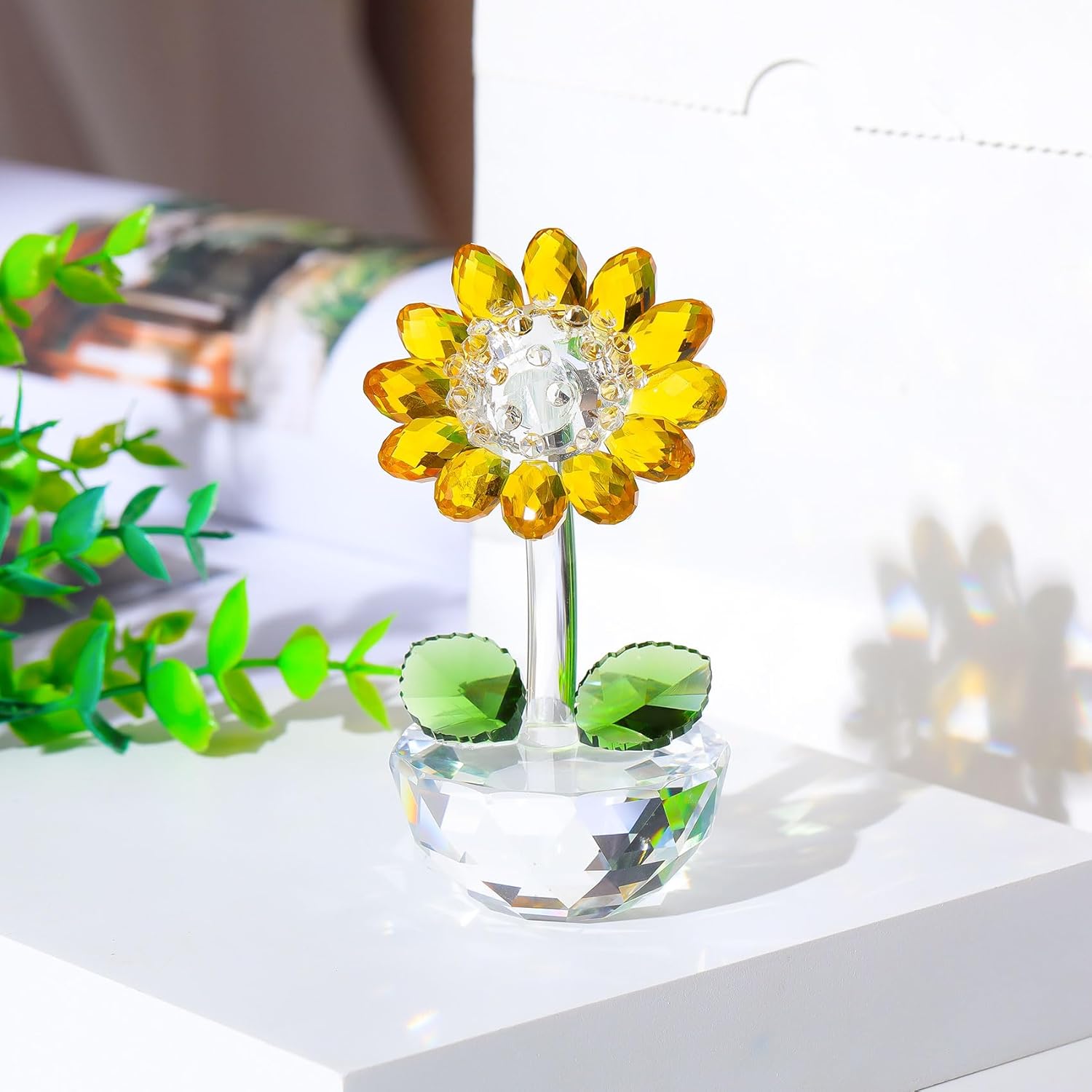 Movdyka Crystal Yellow Sunflower Decor Figurine Unique Gifts for Women Mom Birthday Cute Sun Flowers Home Office Table Decor Collectible Crystal Flower Glass Paperweight - Image 2