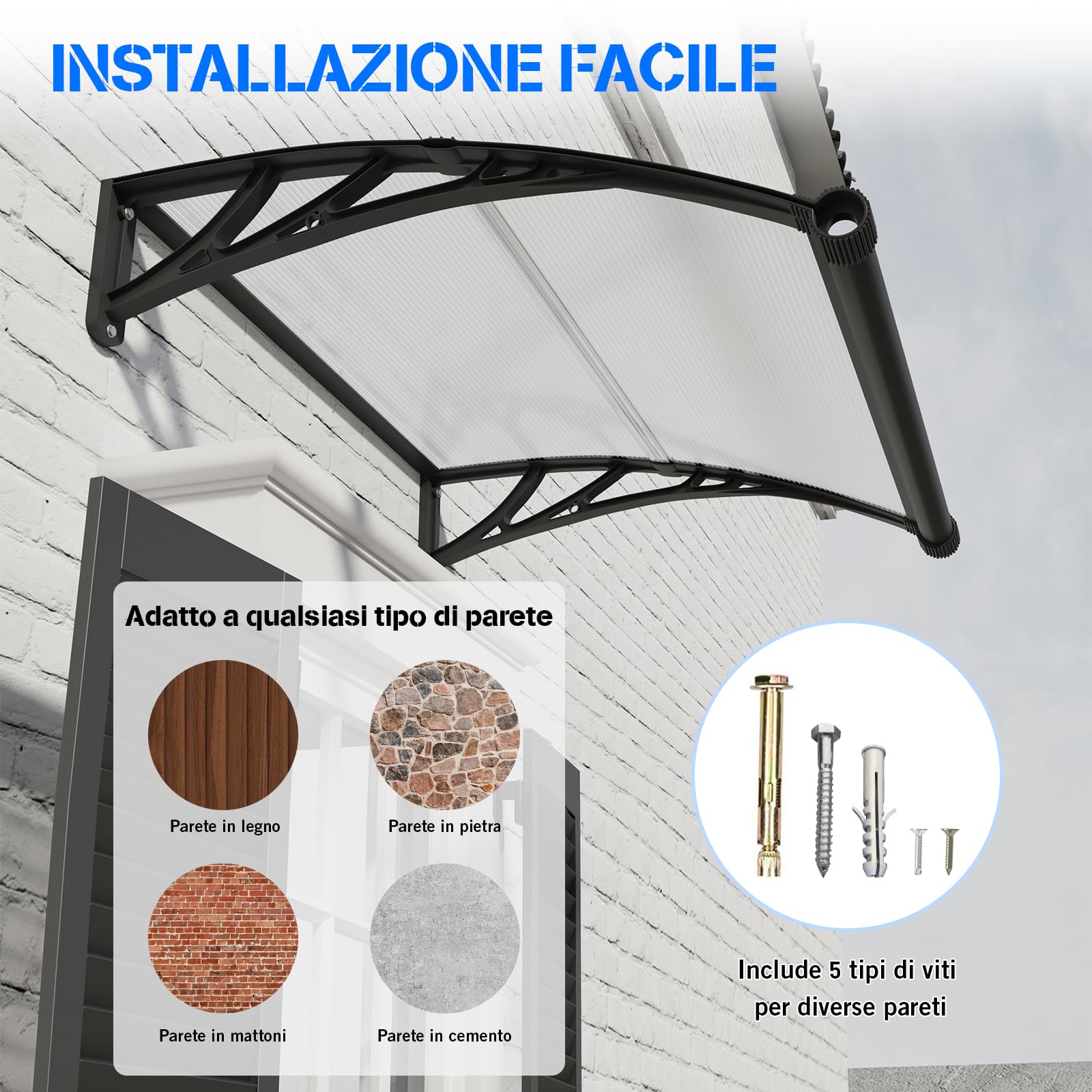 Pensilina da Esterno 150x80 cm in Policarbonato con Grondaia Integrata,Baldacchino Tettoia per Porta,Finestra e Veranda,con Protezione UV,Antipioggia e Antineve