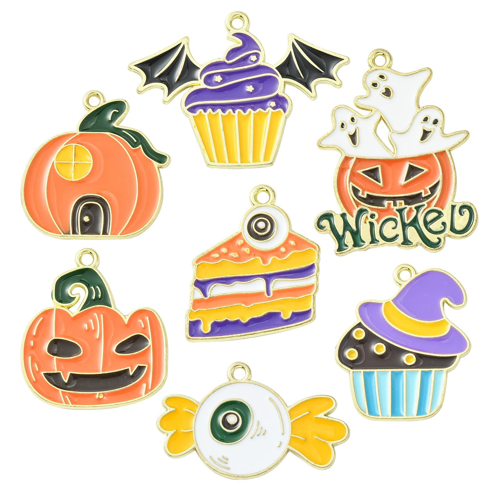 Stiesy 35Pcs 7 Styles Halloween Charms Pendants Enamel Pumpkin Ghost Charms Cake with Witch Hat Dangle Charms for DIY Crafts Jewelry Making Decor