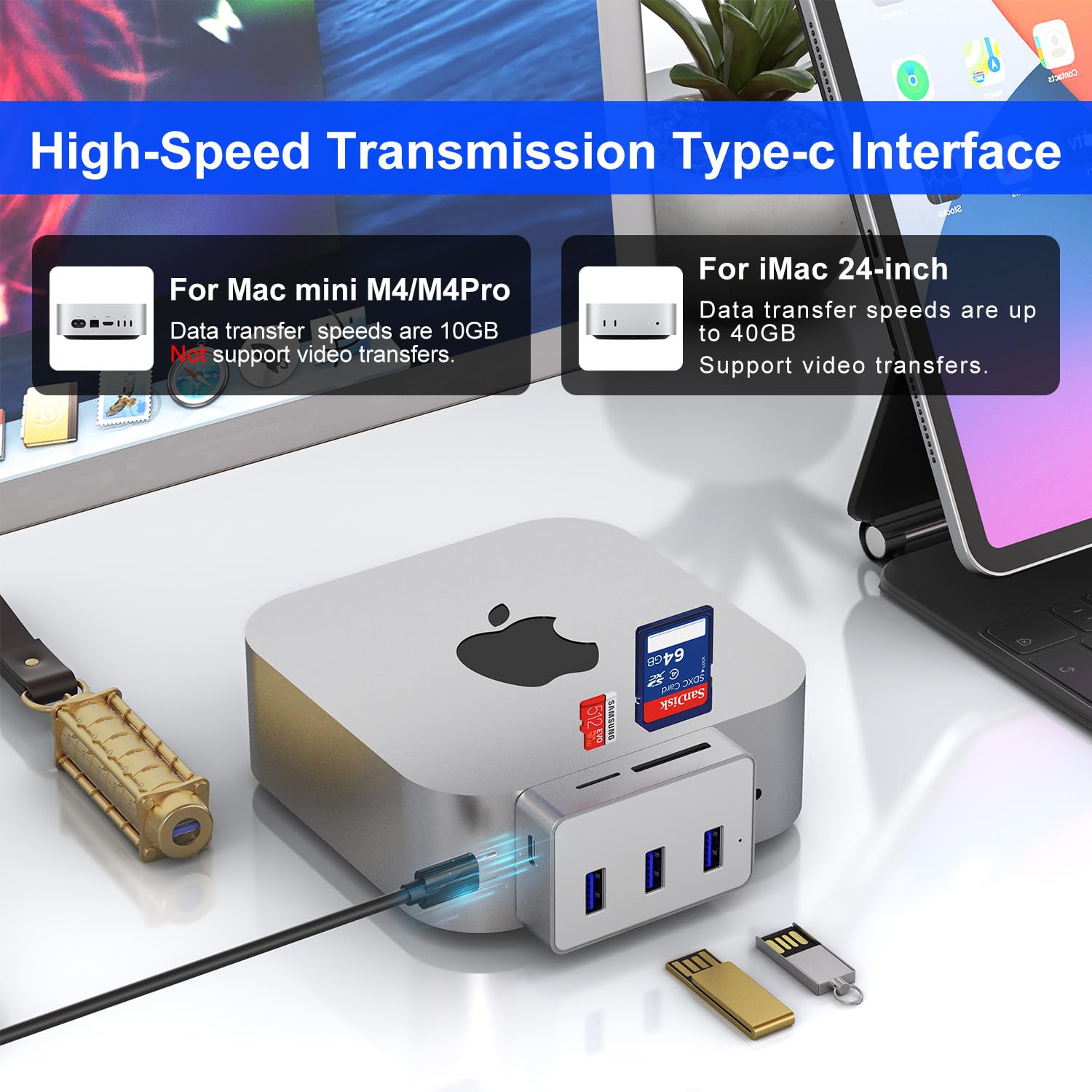 Dock Mac Mini M4 – Hub USB C para M4/M4 Pro e iMac de 24 polegadas (