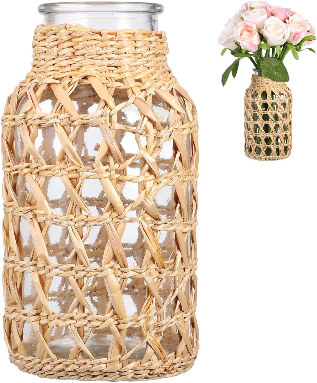 Angoily Rattan Woven Glass Vase for Flowers, 6.3 Inch Wicker Wrapped Floral Container, Boho Farmhouse Table Centerpiece for Pampas Grass, Rustic Woven Bottle Decor for Table Centerpiece (S)