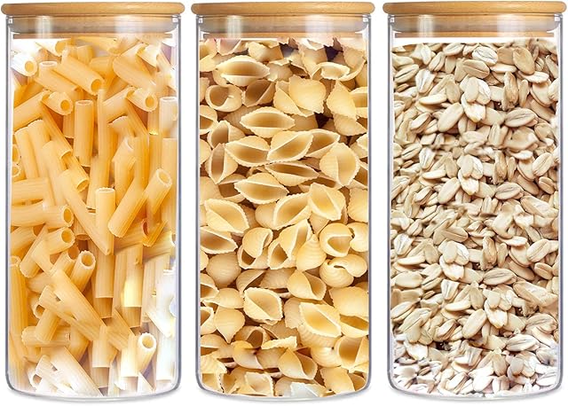 Glass Storage Jars with Lids 1000ML Set of 3 - High Borosilicate Glass Airtight Kitchen Food Canisters Cylinder Clear Preserving Seal Containers with Bamboo Lid for Canning Cereal,Pasta,Spices