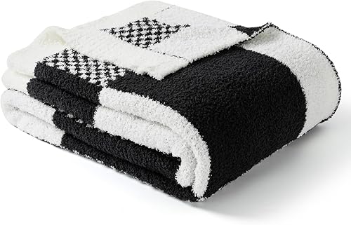 Miniatura 6 de Snuggle Sac Manta de cuadros negros para sofá, manta reversible, cálida, acogedora, de punto, mullida, ligera, para sofá, cama, campamento, picnic,