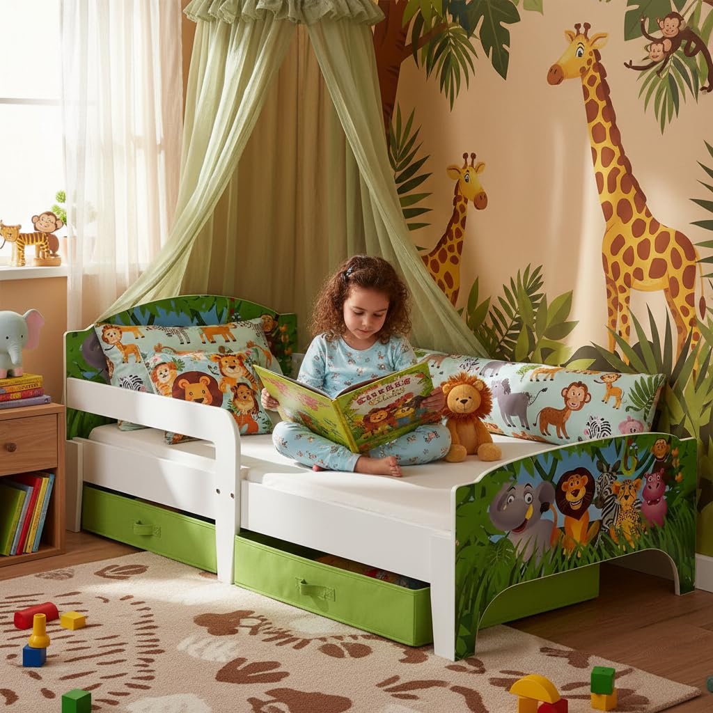Leomark Letto per Bambini in Legno 140x70 cm SMART con Cassetto, Materasso e Telaio, Stampa Animali Selvaggi