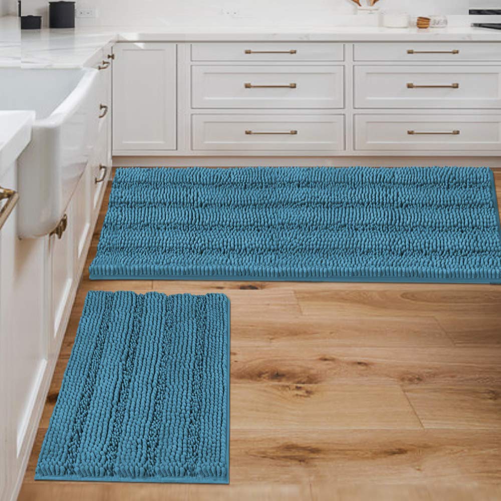 H.VERSAILTEX 2 Piece Bathroom Set - Super Absorbent Chenille Striped Bath Mats - Non Skid, Machine Washable - Turquoise Blue, 47 x 17 Plus 17 x 24