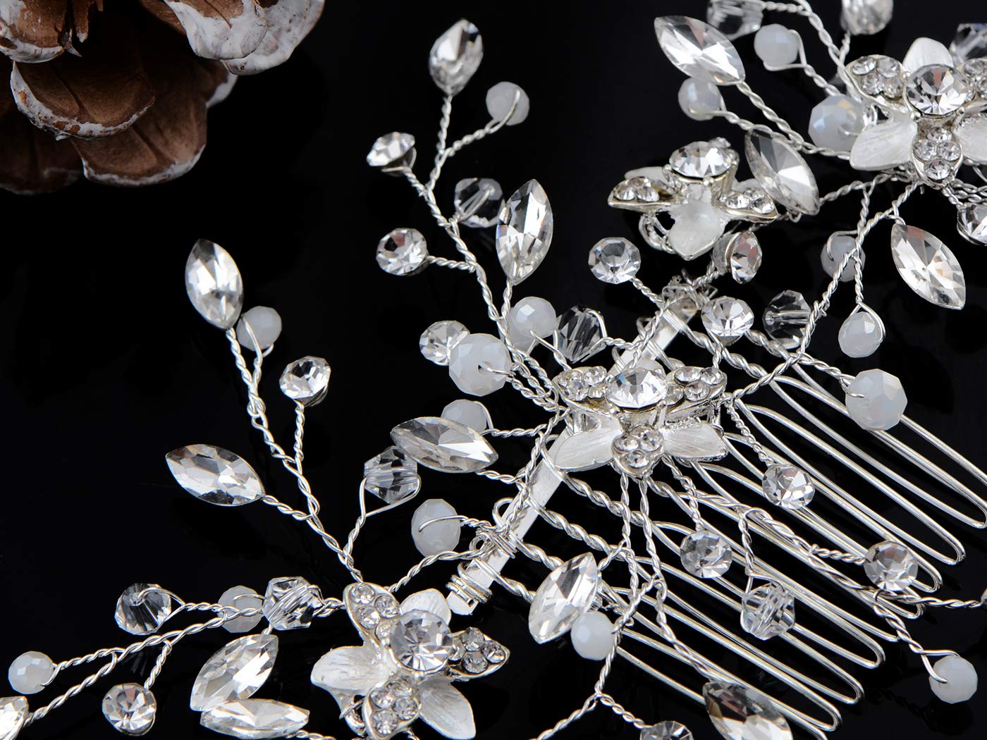 Alilang Silver Tone Zirconia Cubic Czech Crystal Rhinestone Rustic Floral Leaves Bridal Prom Hair Comb