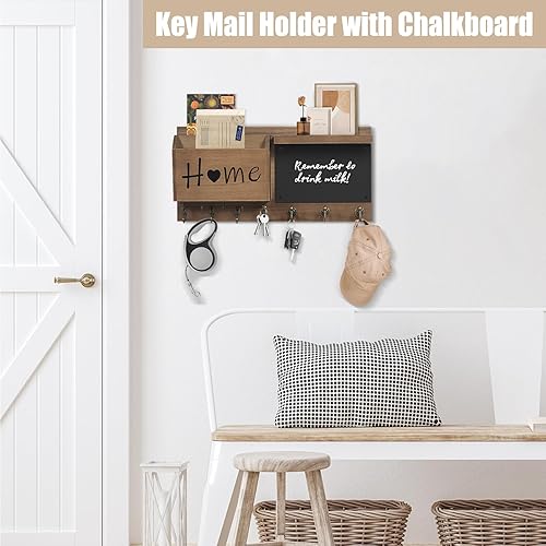 Miniatura 4 de RELBRO Soporte para Llaves de Pared, Organizador de Correo y Llaves de Pizarra de Madera con Estante, 12 Ganchos para Llaves, Marrón