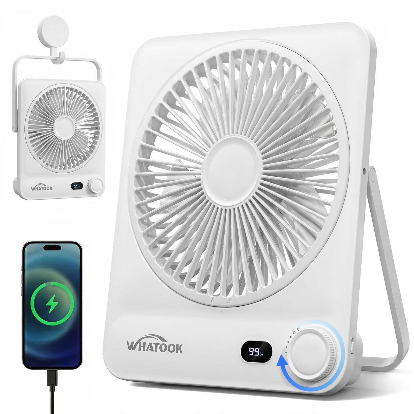 WHATOOK Portable Desk Fan: 10000mAh Max 40+H Runtime Silent Rechargeable Electric Fans with 1-100 Stepless Speed,15s Auto-sleep Display, USB C Fast Charge for Travel Office Bedroom Camping Essentials