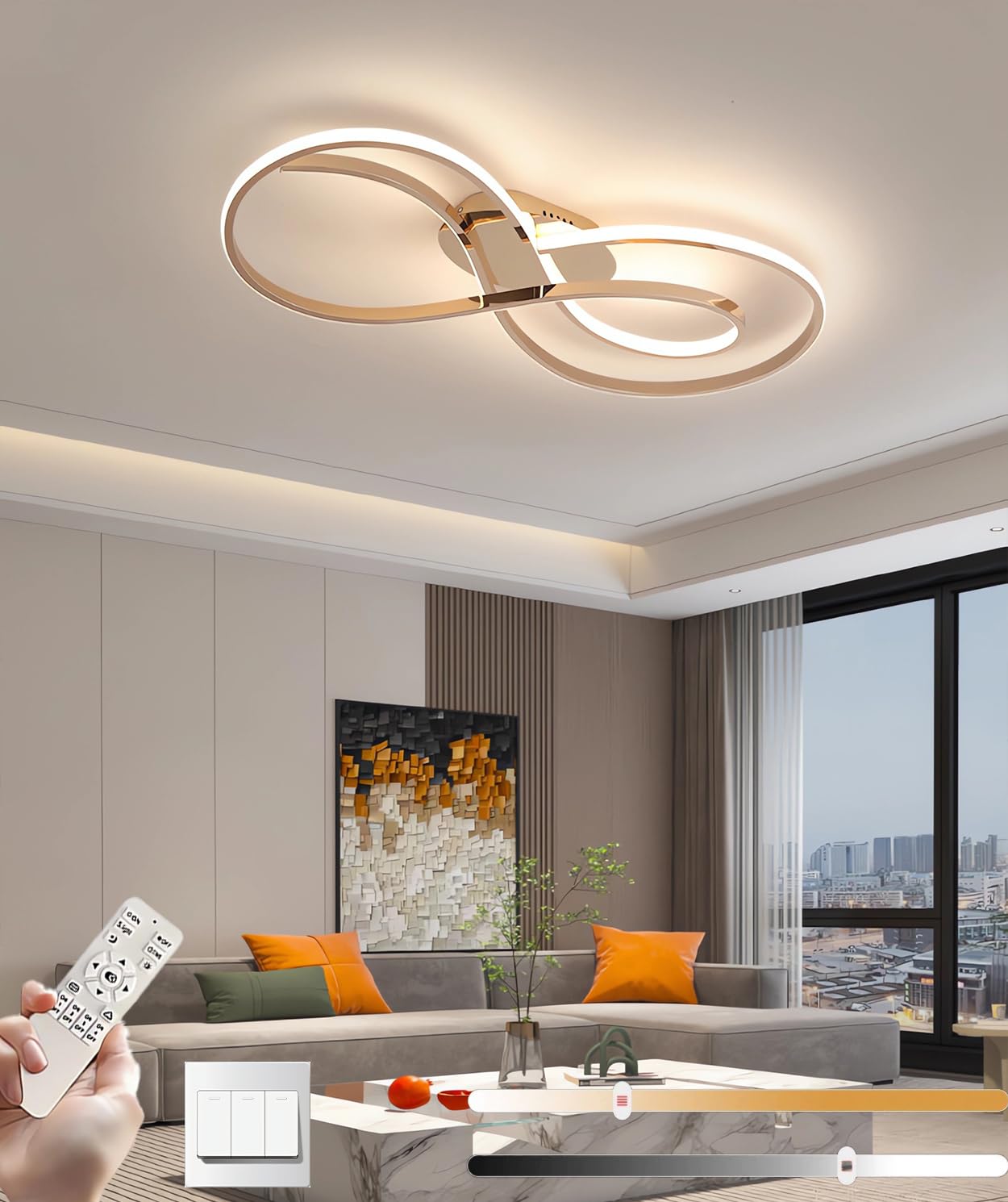 Lampa sufitowa LED 3000-6000K Ściemnialna lampa do salonu z pilotem Ściemnianie Lampa sufitowa do sypialni Nowoczesne oświetlenie sufitowe Żyrandol Oprawy oświetleniowe wewnętrzne (Złoto, L80cm)