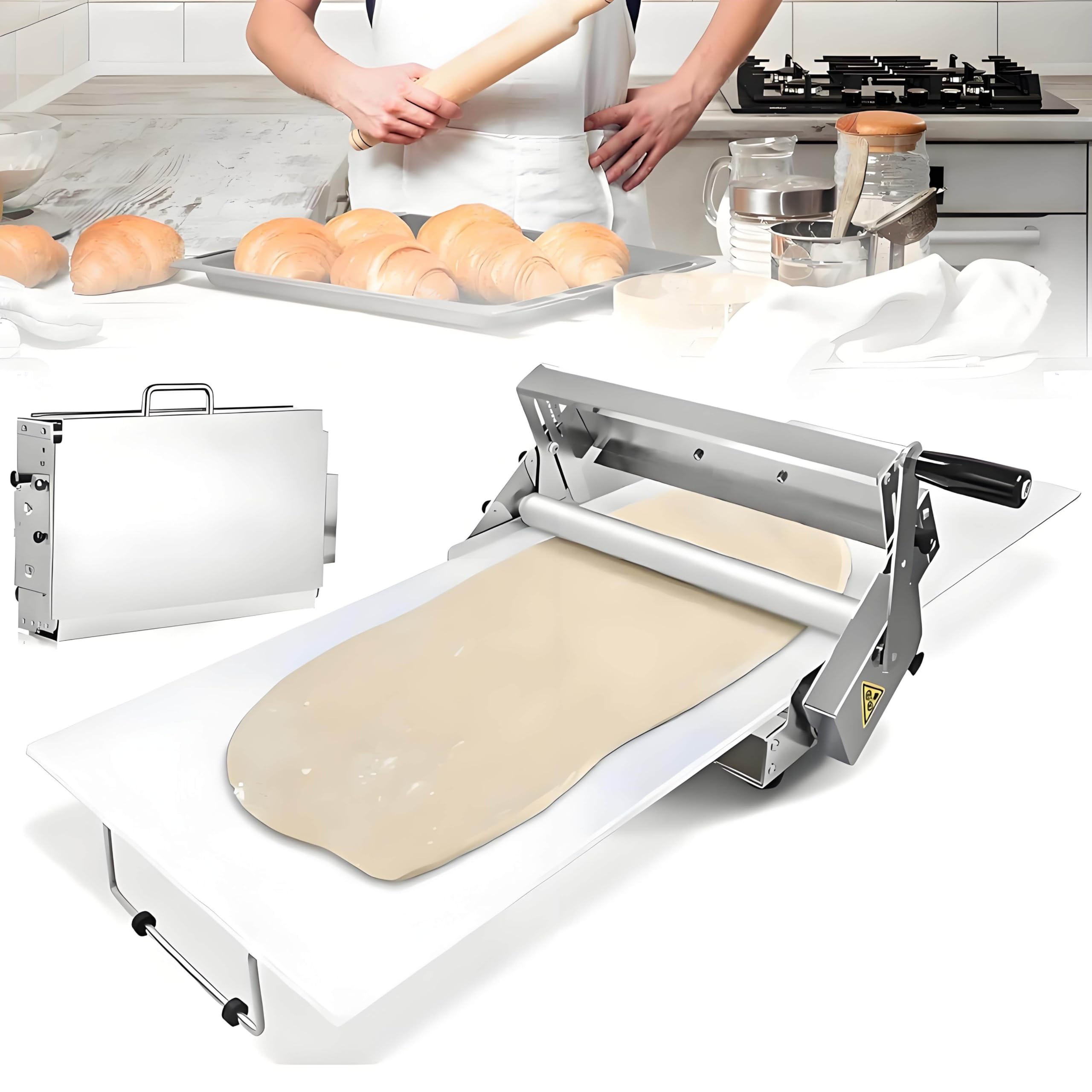 Sfogliatrice professionale per impasto, macchina da banco pieghevole in acciaio inox, spessore regolabile da 0 a 25 mm, 60x30 cm, per panetteria e pizza.