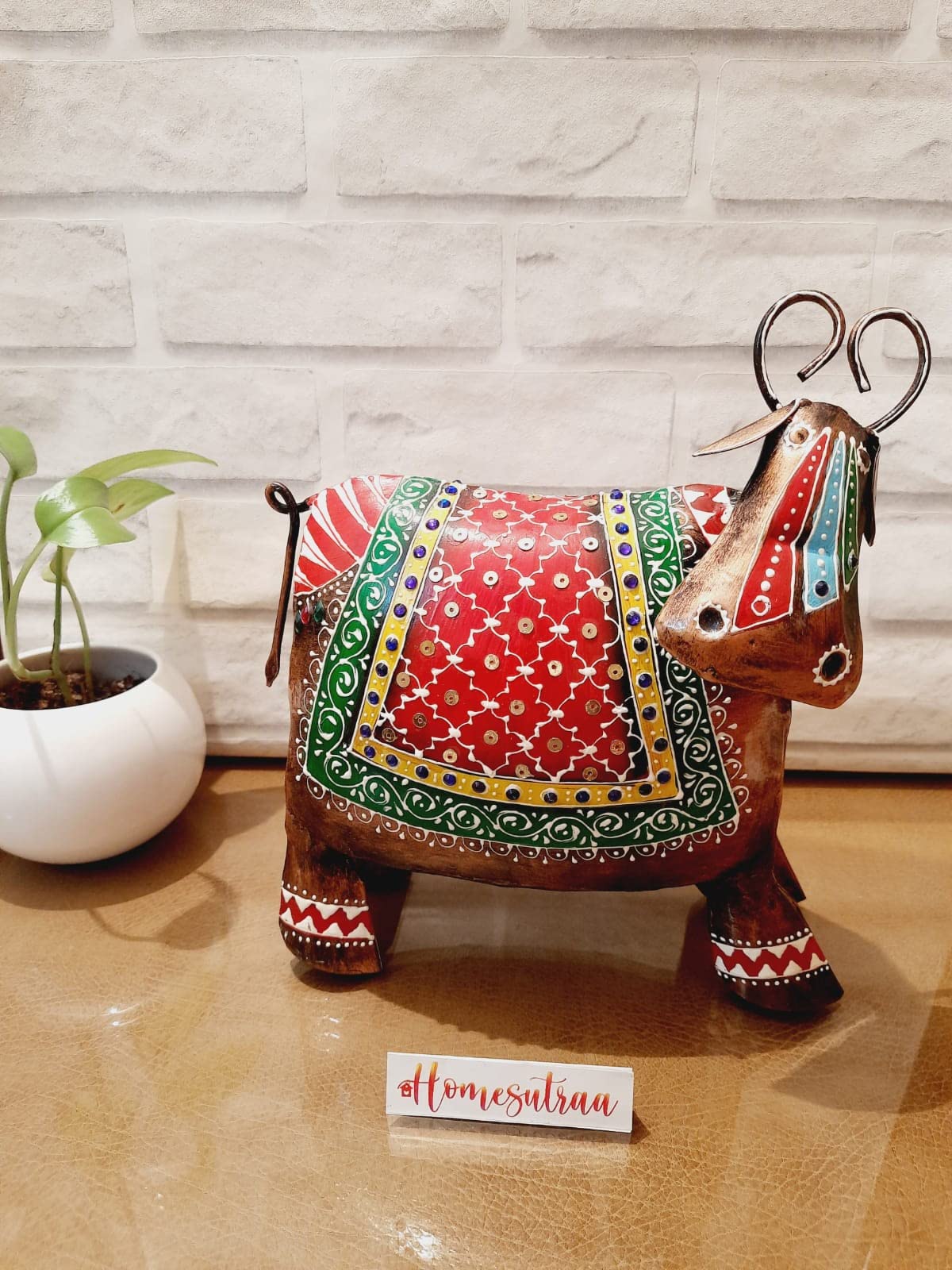Homesutraa Rajasthani Handicraft - 20" Multicolored Painted Metal Cow, Decorative Showpiece for Home and Living Room Shelves.