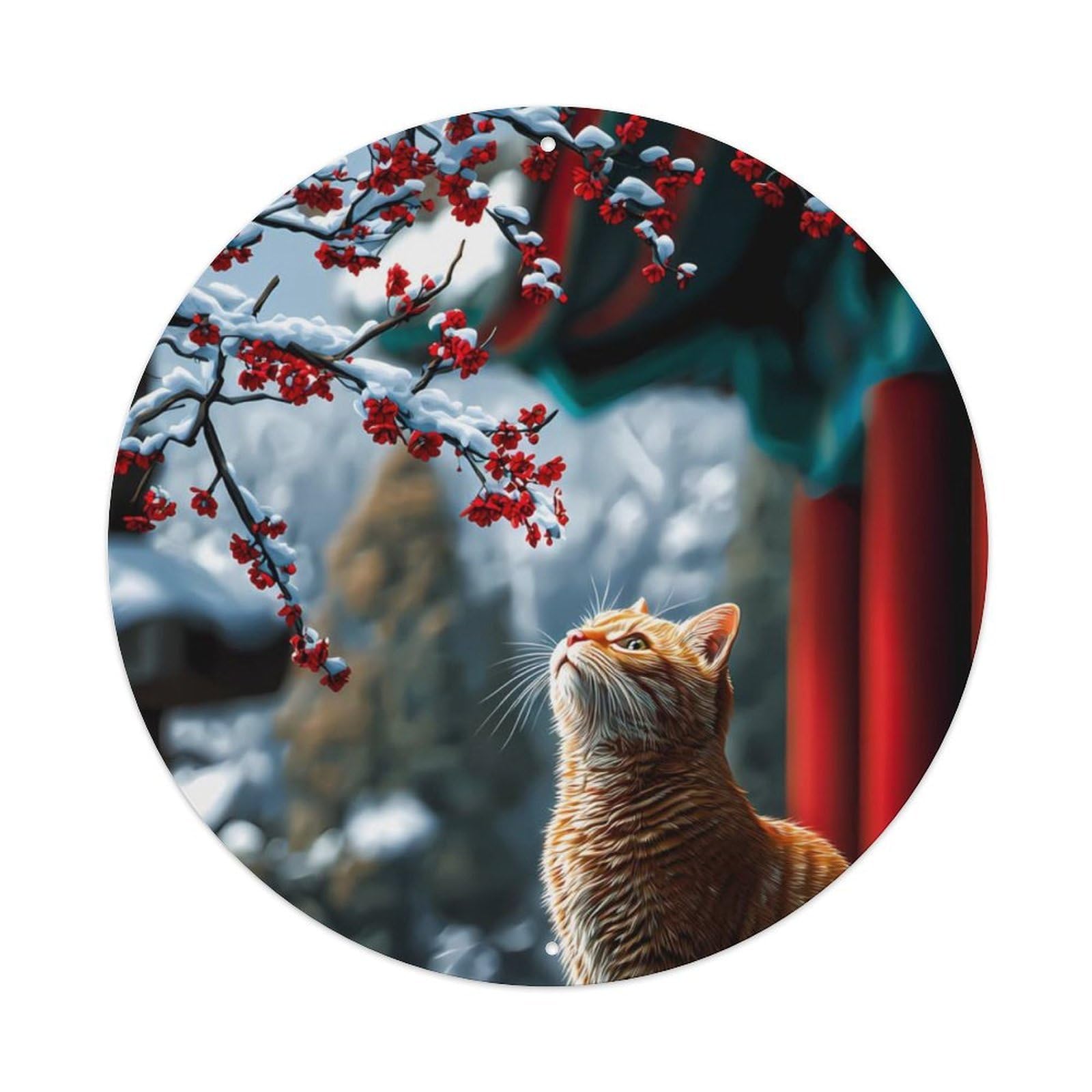 Animal Tabby Cat Winter Plum Blossom Snow Garden Vintage Metal Tin Sign Plaque Wall Decor for Cafe, Club Bar, Office, Garden Metal Poster 8x8Inch