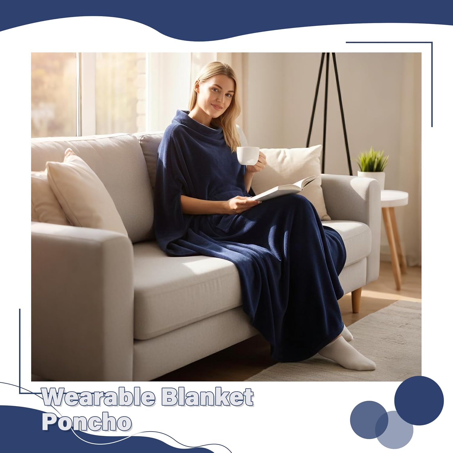 Catalonia Fleece Wearable Blanket Poncho for Adult Women Men, Travel Wrap Blanket Cape with Pocket |Warm, Soft, Cozy, Snuggly, Comfort Gift, No Sleeves|All Season, Navy - Image 2