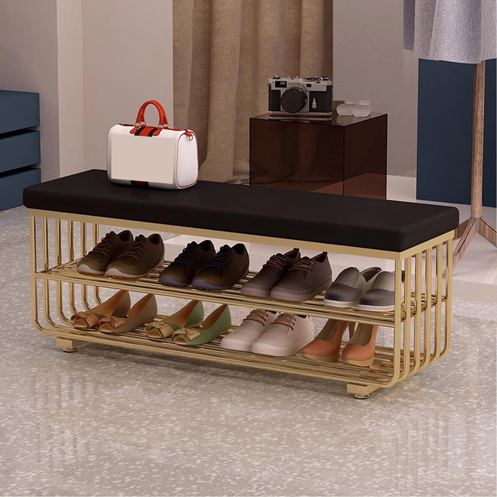 Rangement chaussures 2 niveaux en fer avec coussin pour salon et couloir