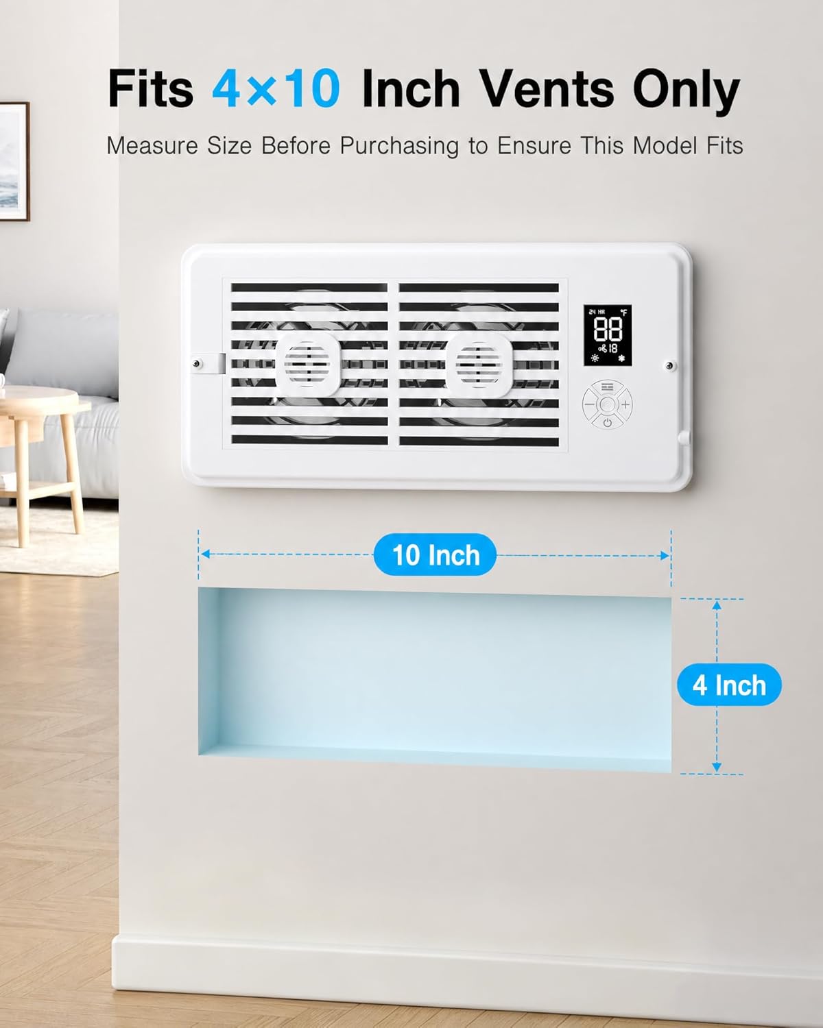 Register Booster Fan, 4 x 10 Inch Quiet Vent Fan with Remote Control, 10 Speed & 3 Modes Thermostat Controlled Vent Booster, Built-In Display, Removable Front Cover for Floor Wall HVAC Vents, White thumbnail