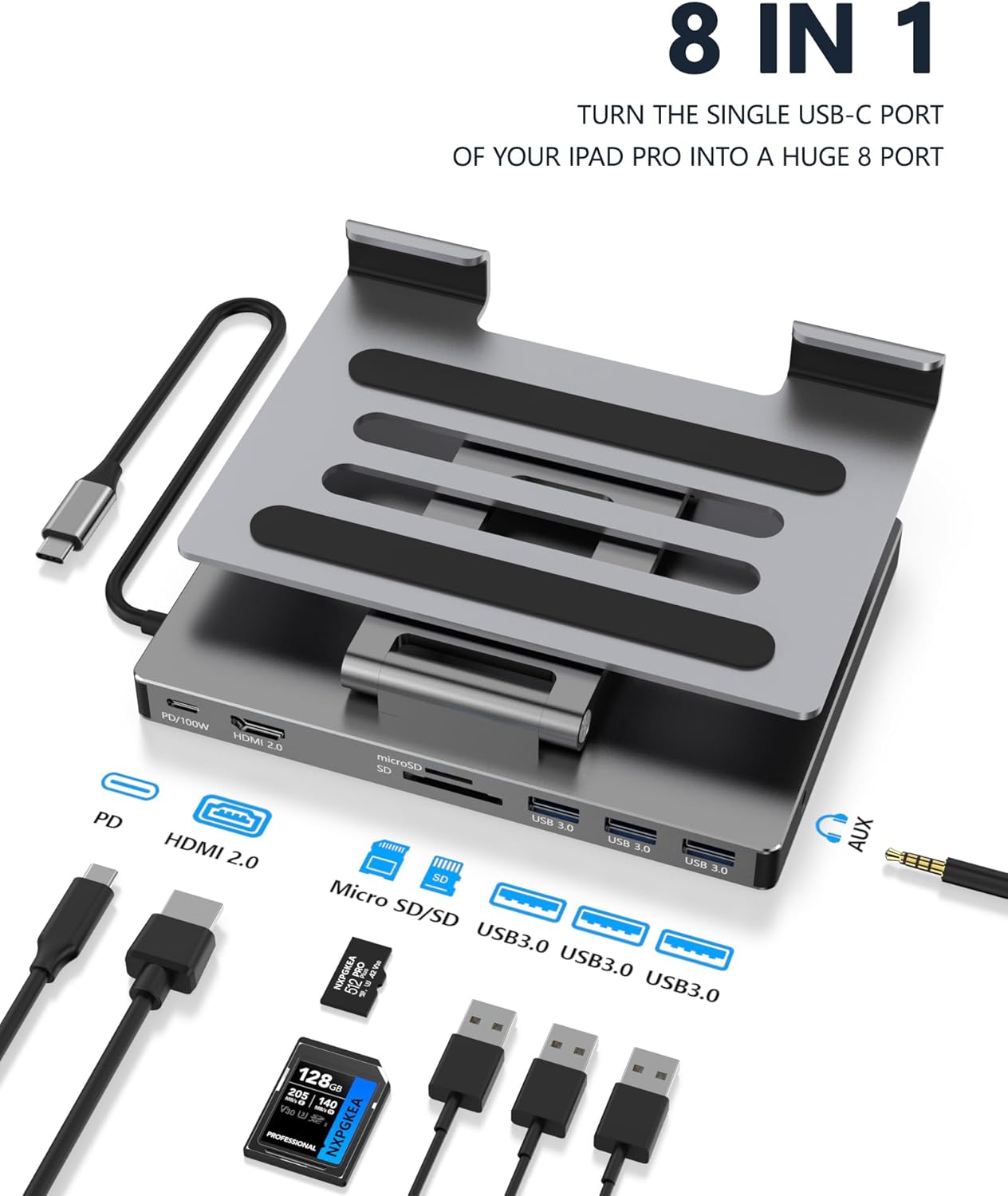 iPad Pro USB C Hub Stand, Multiport Adapter for iPad Pro M4 M3 M2 M1 13 12.9 11 Inch iPad Air Docking Station Foldable 4K 60Hz HDMI, PD Charging, SD/TF Card Reader, 3 USB 3.0, 3.5mm Audio