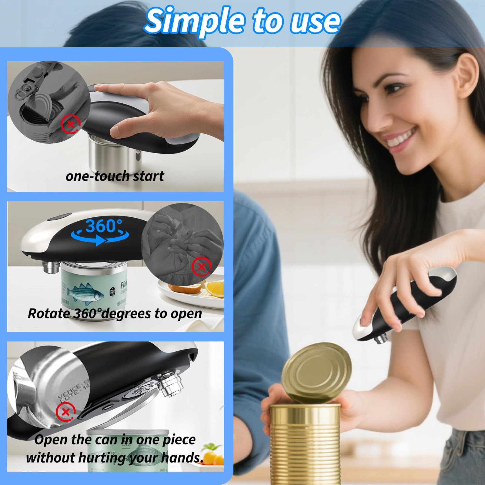 Apriscatole elettrico, ricaricabile tramite USB, gadget da cucina, funzionamento automatico one-touch, a batteria, con bordo liscio, per anziani