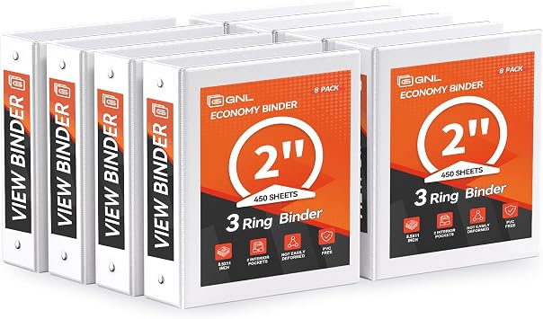 GNL 2 Inch 3 Ring Binders Economy 8 Packs White, 2" Three Ring Fits 450 Sheets of 8.5x11 Paper Clear View PVC-Free & Non-Stick for School or Office Supplies