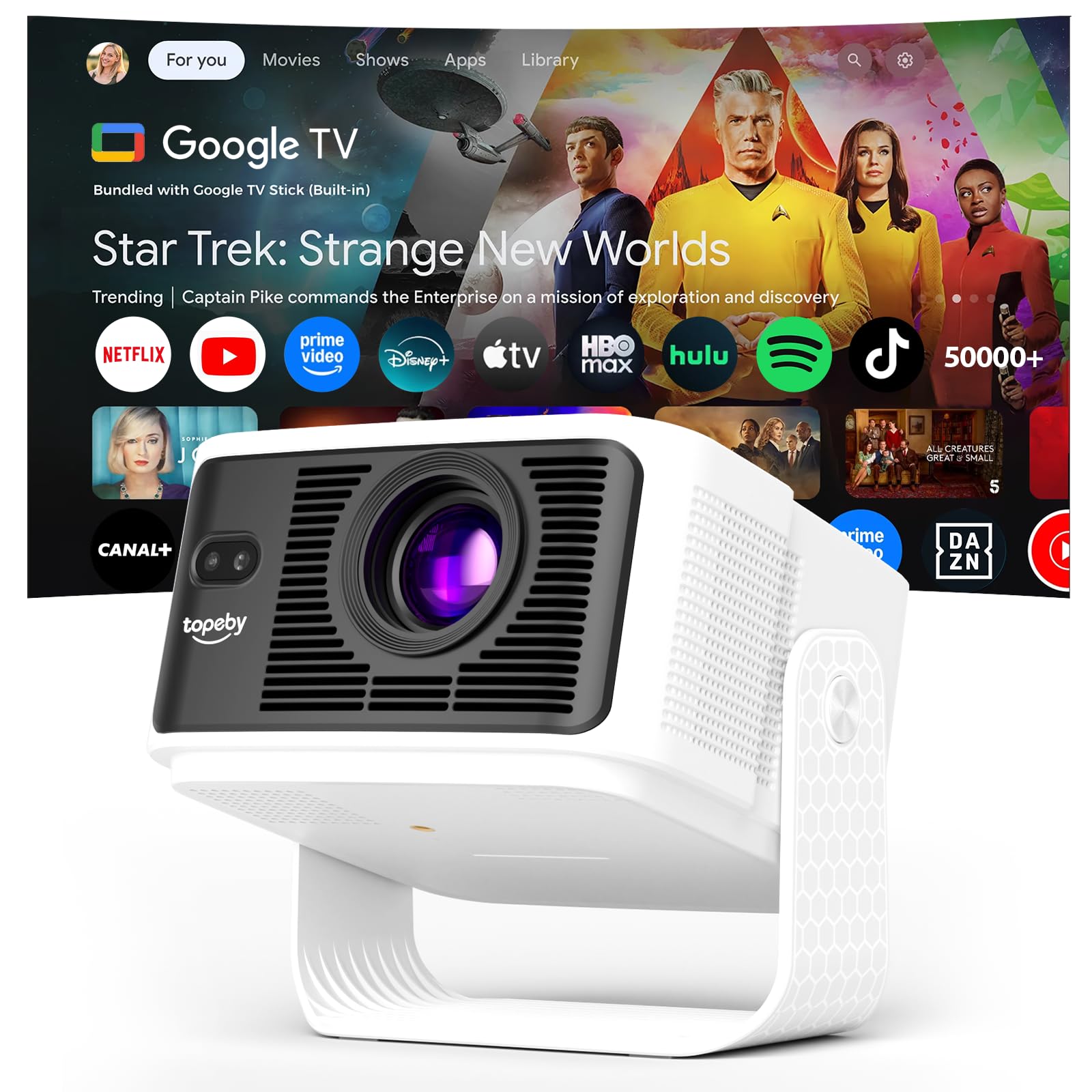 Proyector [Google TV 50000+ Apps & 4K 8K Support 1080P Native Res & Corrección Automática de Pantalla] 700 ANSI HDR10+, AI Voice Assistant Altavoces, Dobles de 10W Audio 3D, Proyector Portátil, Blanco